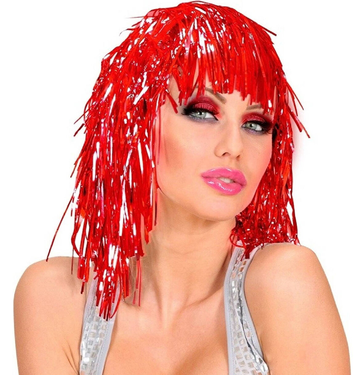 Kırmızı Işıltılı Metalize Parti Peruğu