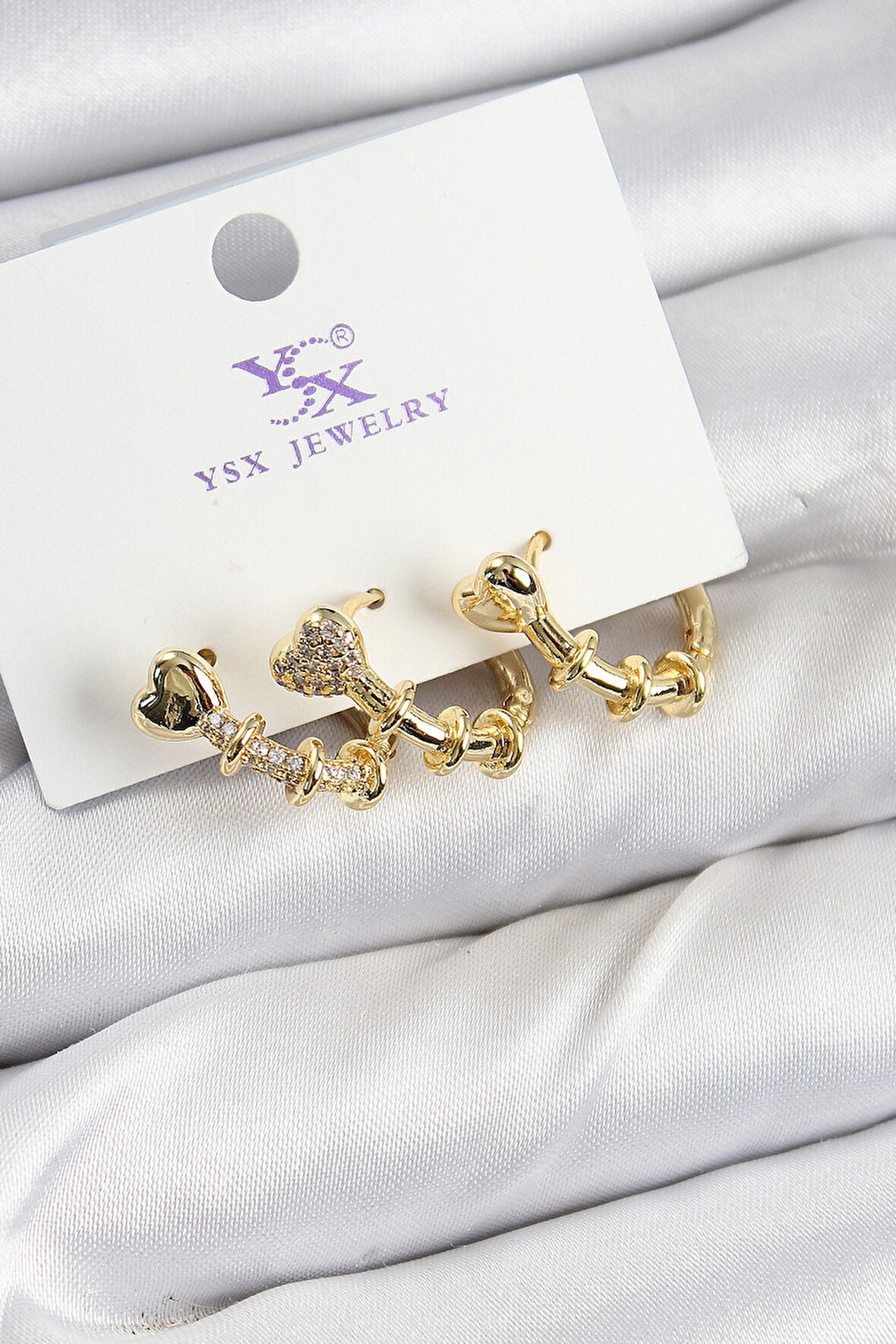 Pirinç Zİrkon Taşlı Kalp Model Gold Renk 3'lü Kadın Küpe - TJ-BKP10947