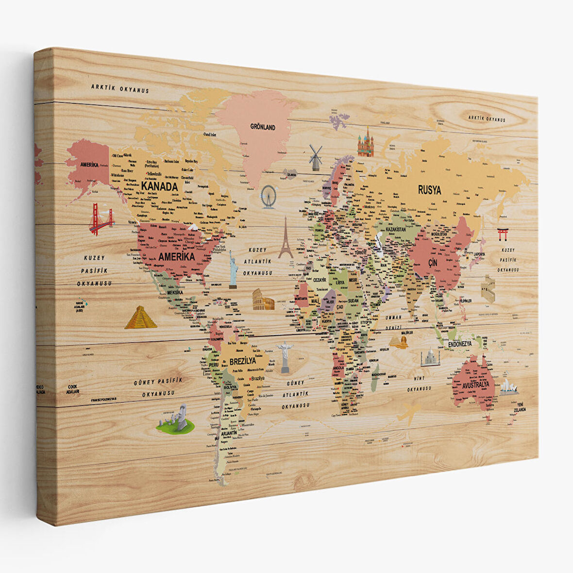 Harita Sepeti Ahşap Görünümlü Türkçe Dünya Haritası Sembollü Eğitici Kanvas Tablo 2931