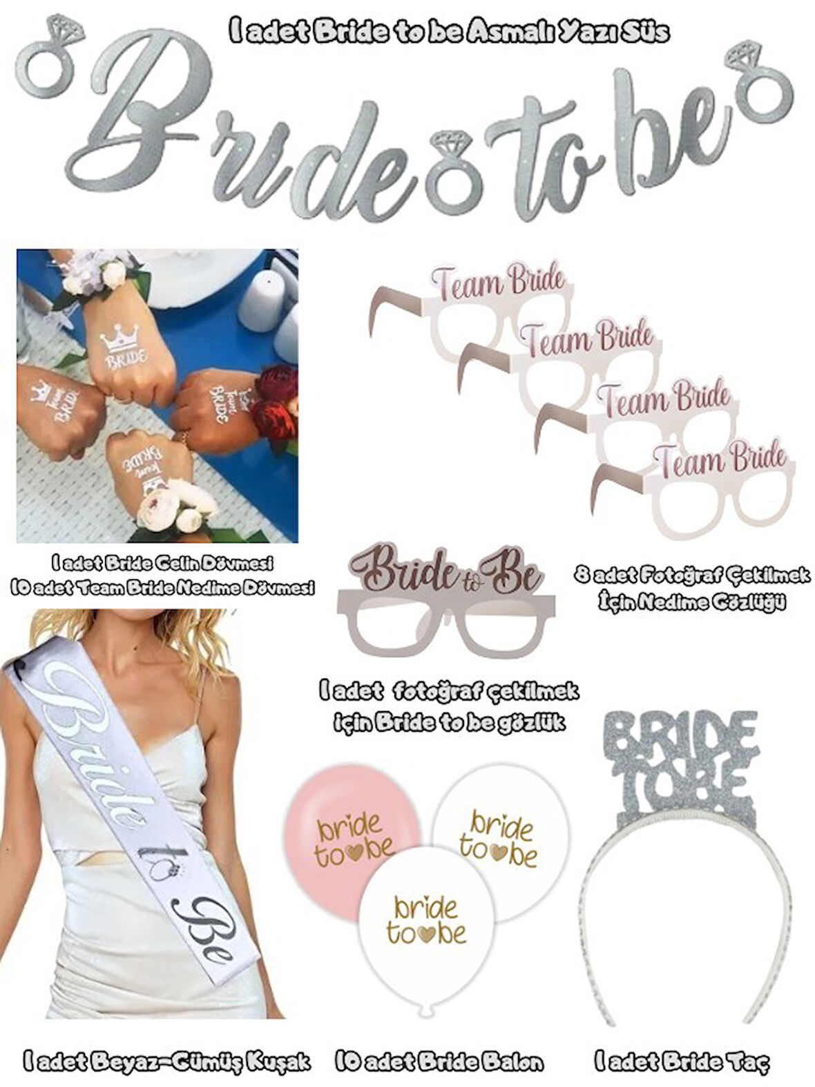 Gümüş Bride To Be Seti Bekarlığa Veda Partisi Malzemeleri Kuşak Dövme Taç Gözlük Balon Süsleri