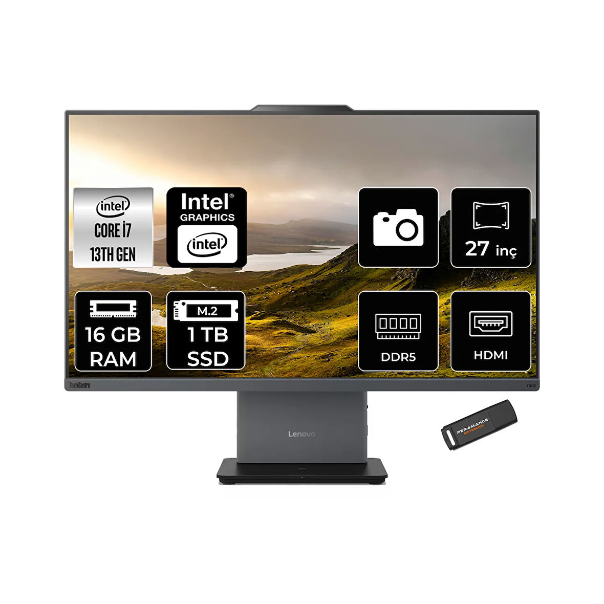 Lenovo ThinkCentre Neo 50A i7 13620H 16GB DDR5 1TB SSD 27" FHD IPS FDOS Siyah All in One PC & PER4
