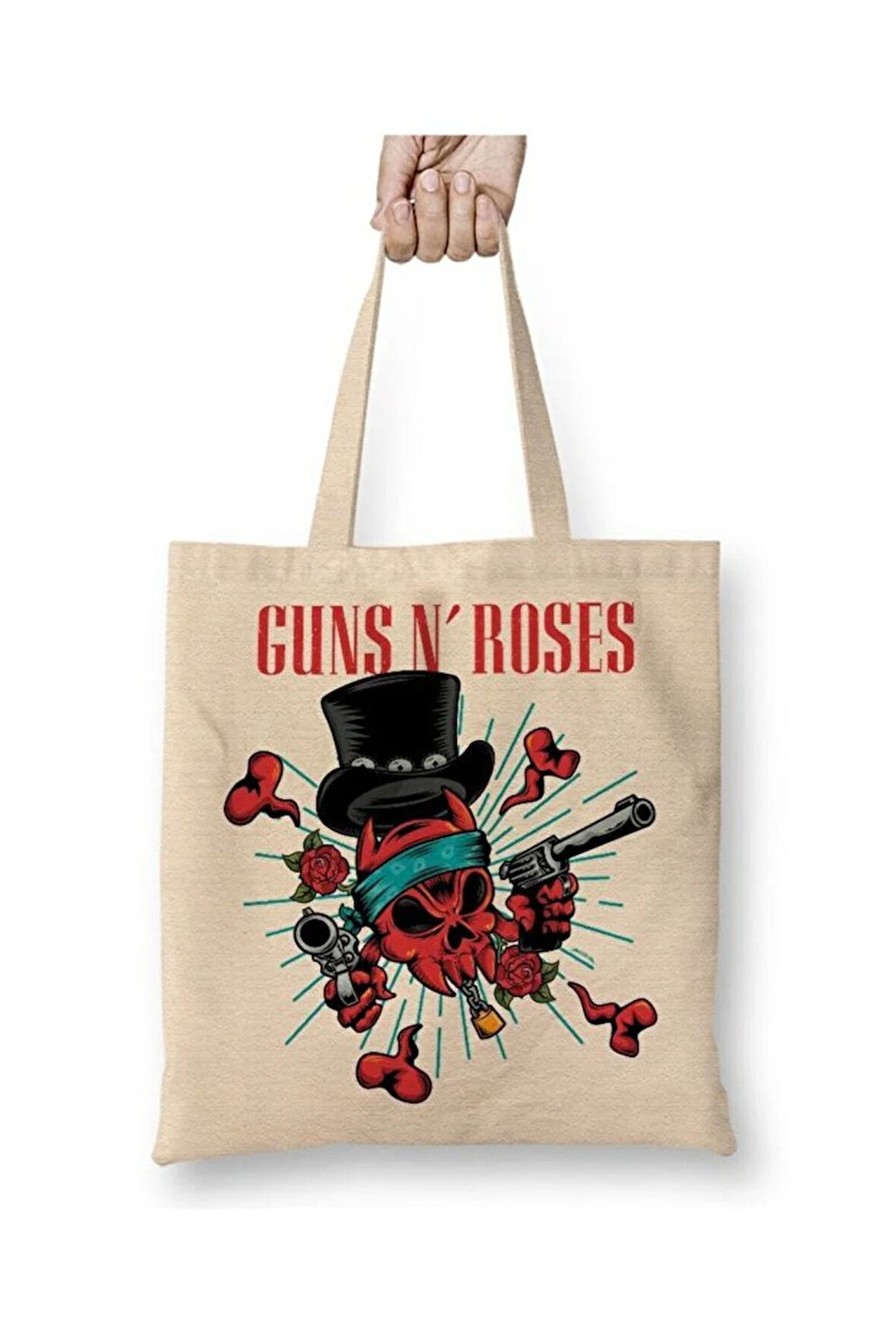 Guns N Roses Bez Çanta Uzun Saplı Alışveriş Çantası Plaj Çantası