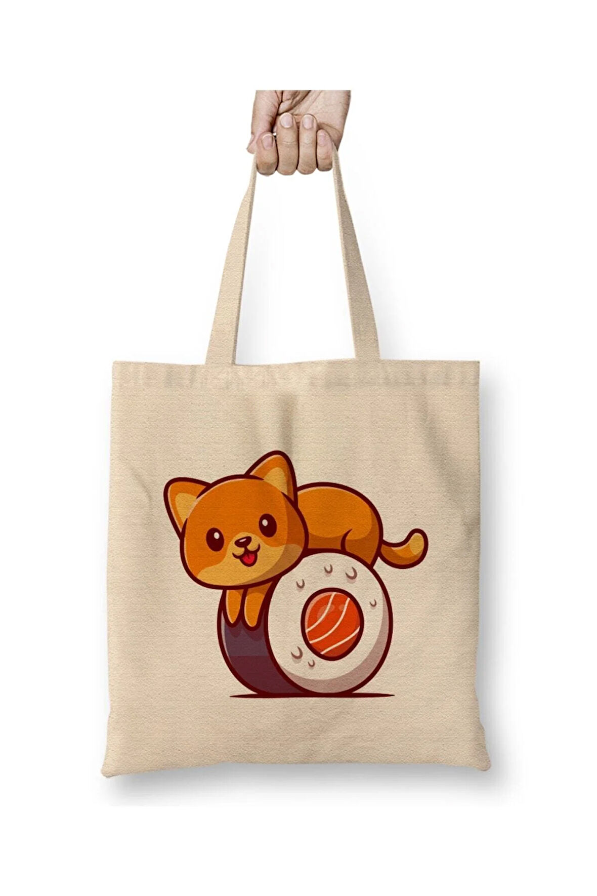 Cute Cat On Sushi Salmon Cartoon Beyaz Bez Çanta Uzun Saplı Alışveriş Çantası Plaj Çantası
