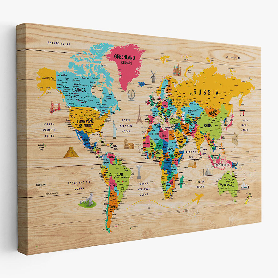 Harita Sepeti Ahşap Görünümlü Dünya Haritası Sembollü Eğitici Dekoratif Kanvas Tablo 2938