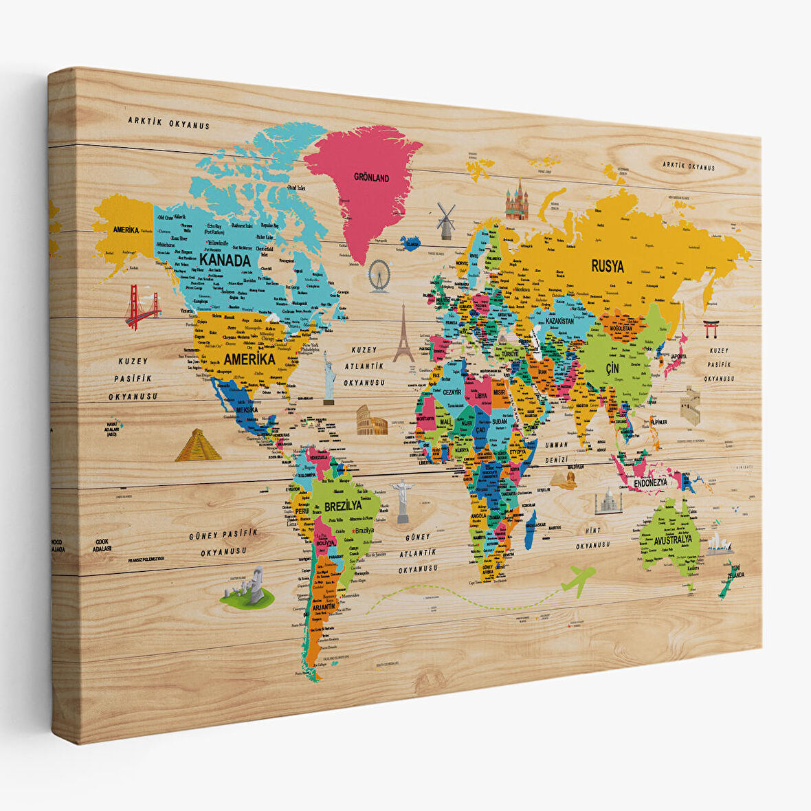 Harita Sepeti Ahşap Görünümlü Türkçe Dünya Haritası Sembollü Eğitici Kanvas Tablo 2939