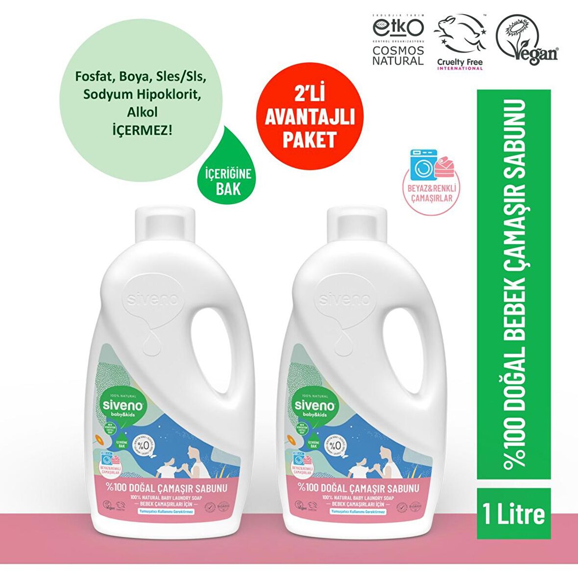 Siveno %100 Doğal Bebek Çamaşır Sabunu Kendinden Yumuşatıcılı Bitkisel Deterjan Konsantre Vegan 1000 ml x 2 Adet