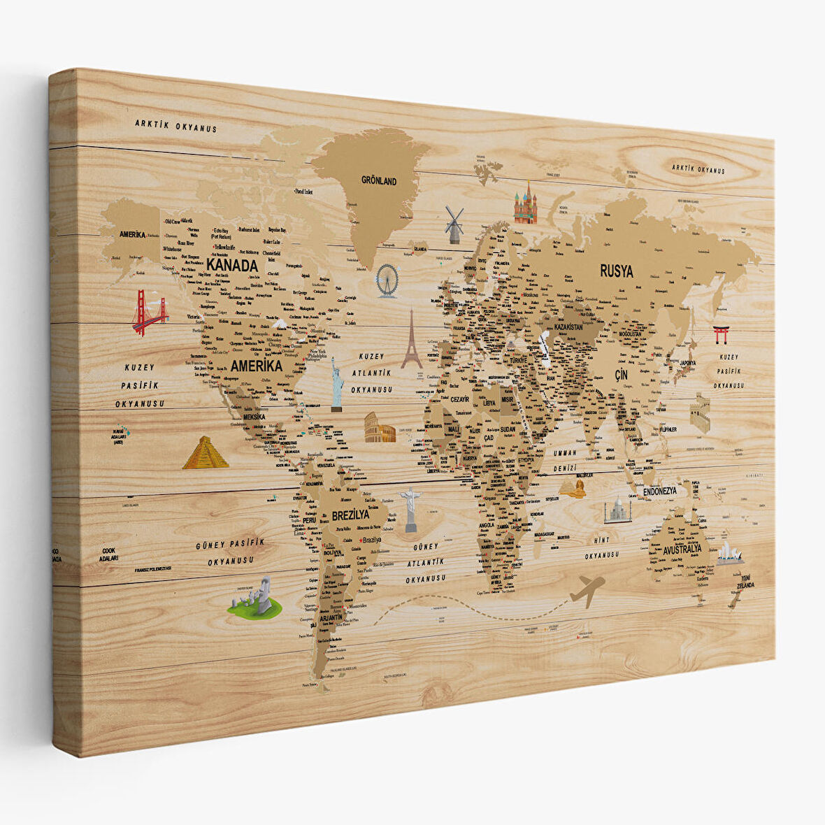 Harita Sepeti Ahşap Görünümlü Türkçe Dünya Haritası Sembollü Eğitici Kanvas Tablo 2945