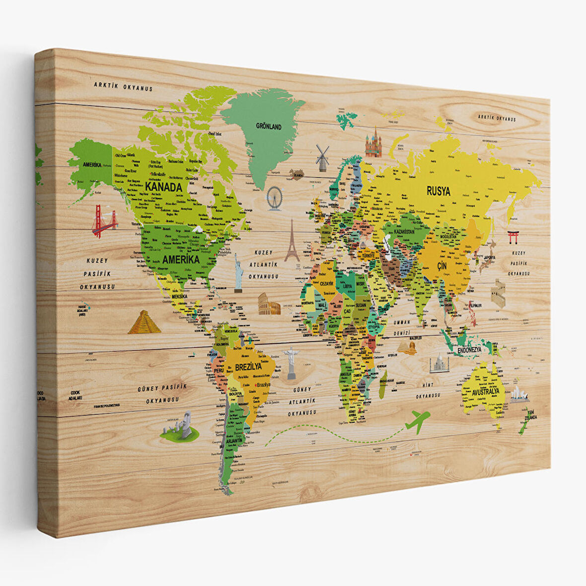Harita Sepeti Ahşap Görünümlü Türkçe Dünya Haritası Sembollü Eğitici Kanvas Tablo 2947