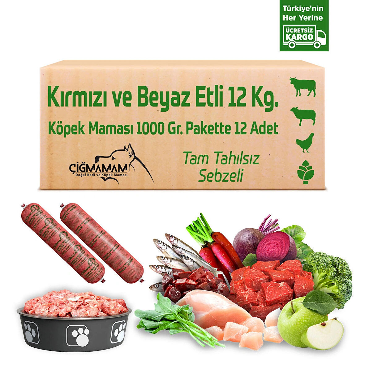 Kırmızı ve Beyaz Etli Tahılsız 12 Kg 1000 Gr 12 Adet Çiğmamam Barf Köpek Maması
