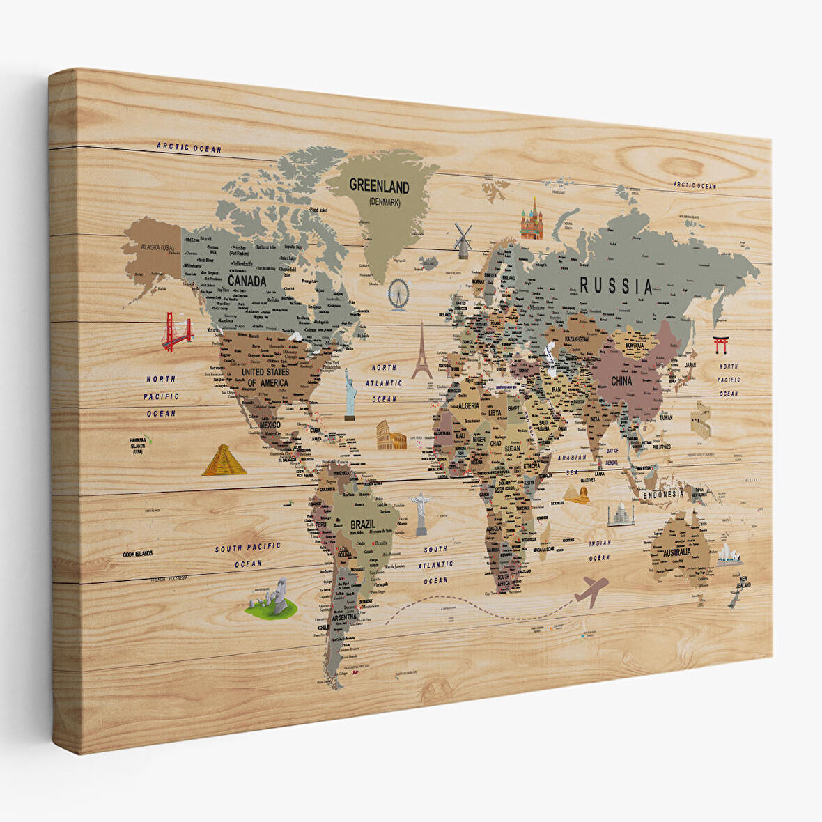Harita Sepeti Ahşap Görünümlü Dünya Haritası Sembollü Eğitici Dekoratif Tablo-2950