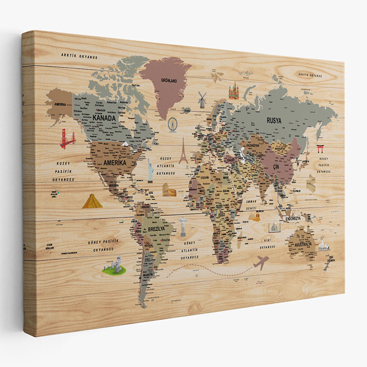 Harita Sepeti Ahşap Görünümlü Türkçe Dünya Haritası Sembollü Eğitici Dekoratif Kanvas Tablo 2951