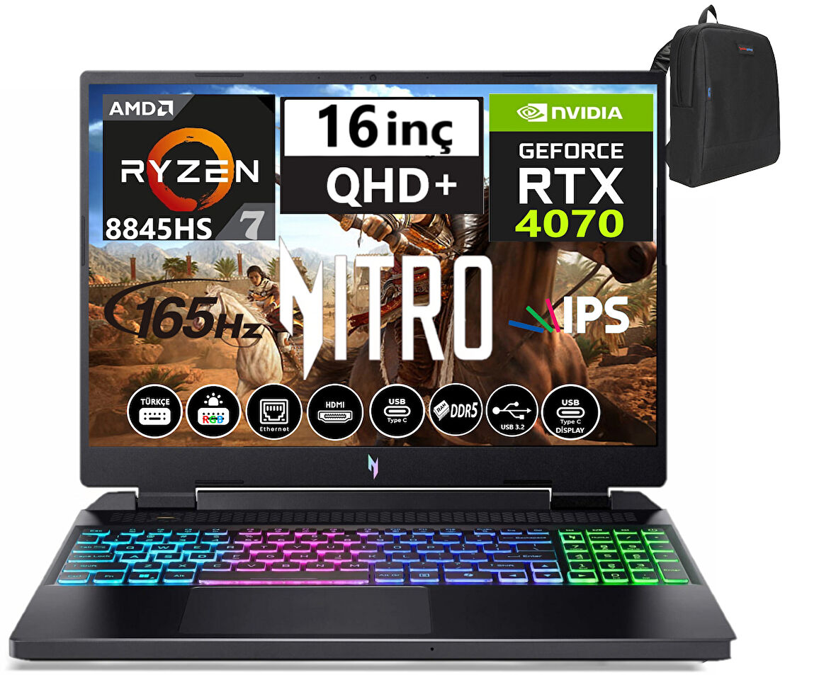 Acer Nitro V16 ANV16-42 Amd R7 8845HS Aı 48GB Ddr5 1tb SSD 8GB/RTX4070 Freedos 16" 165Hz Wqxga IPS Taşınabilir Bilgisayar WNHQSLEY00110+WEBLEGELSINÇANTA