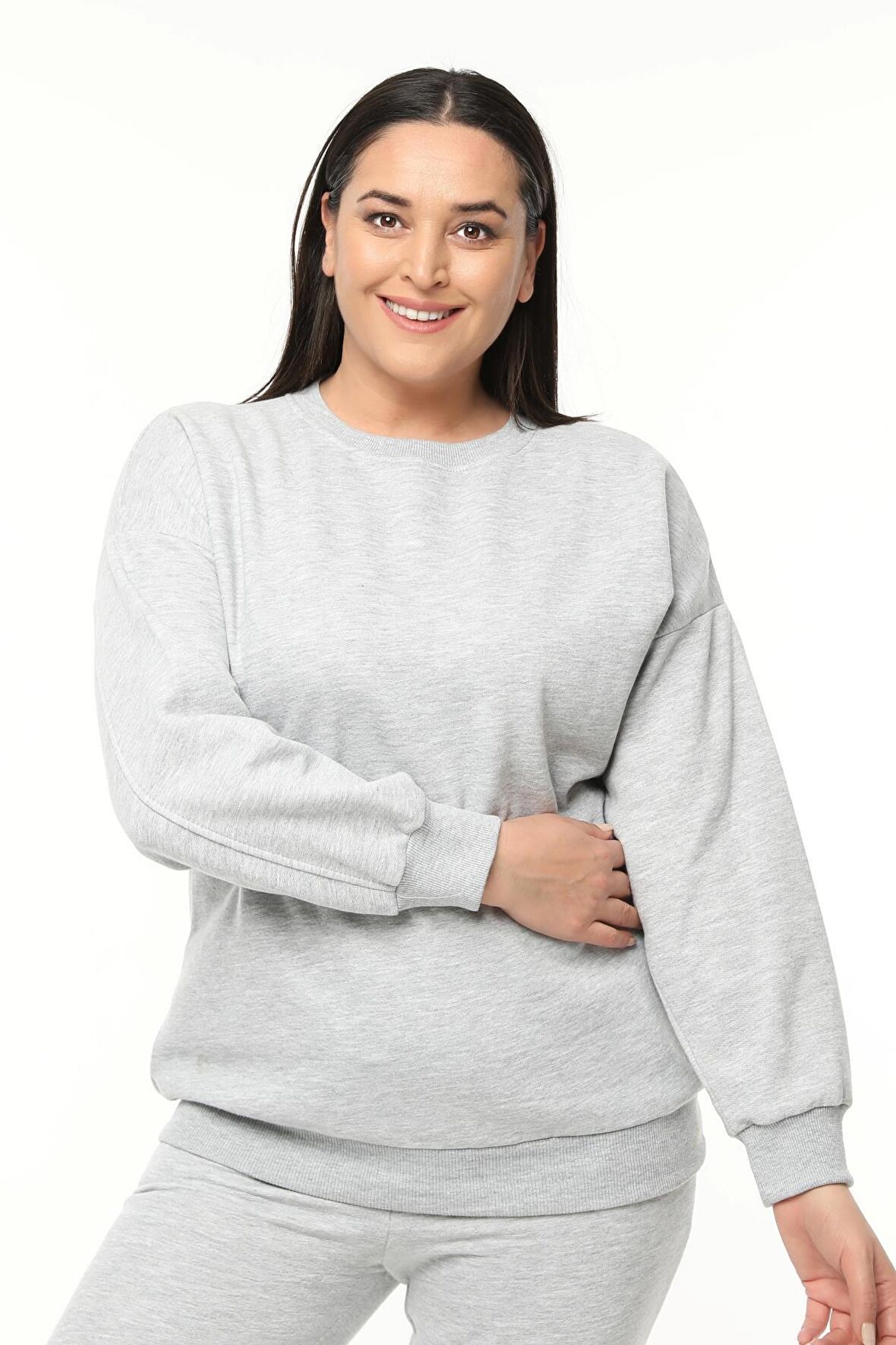 Kadın Büyük Beden Basıc Şardonlu Gri Sweatshirt