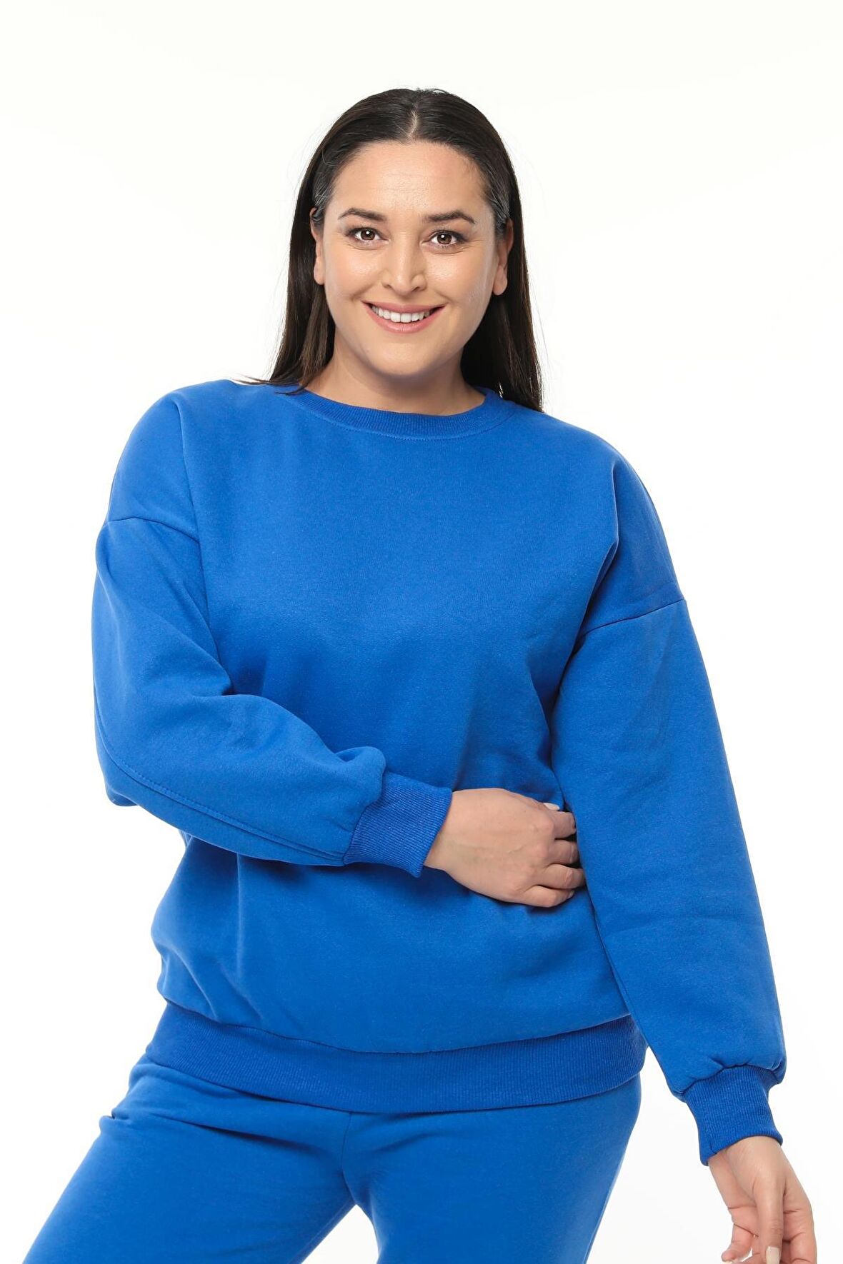 Kadın Büyük Beden Basıc Şardonlu Mavi Sweatshirt