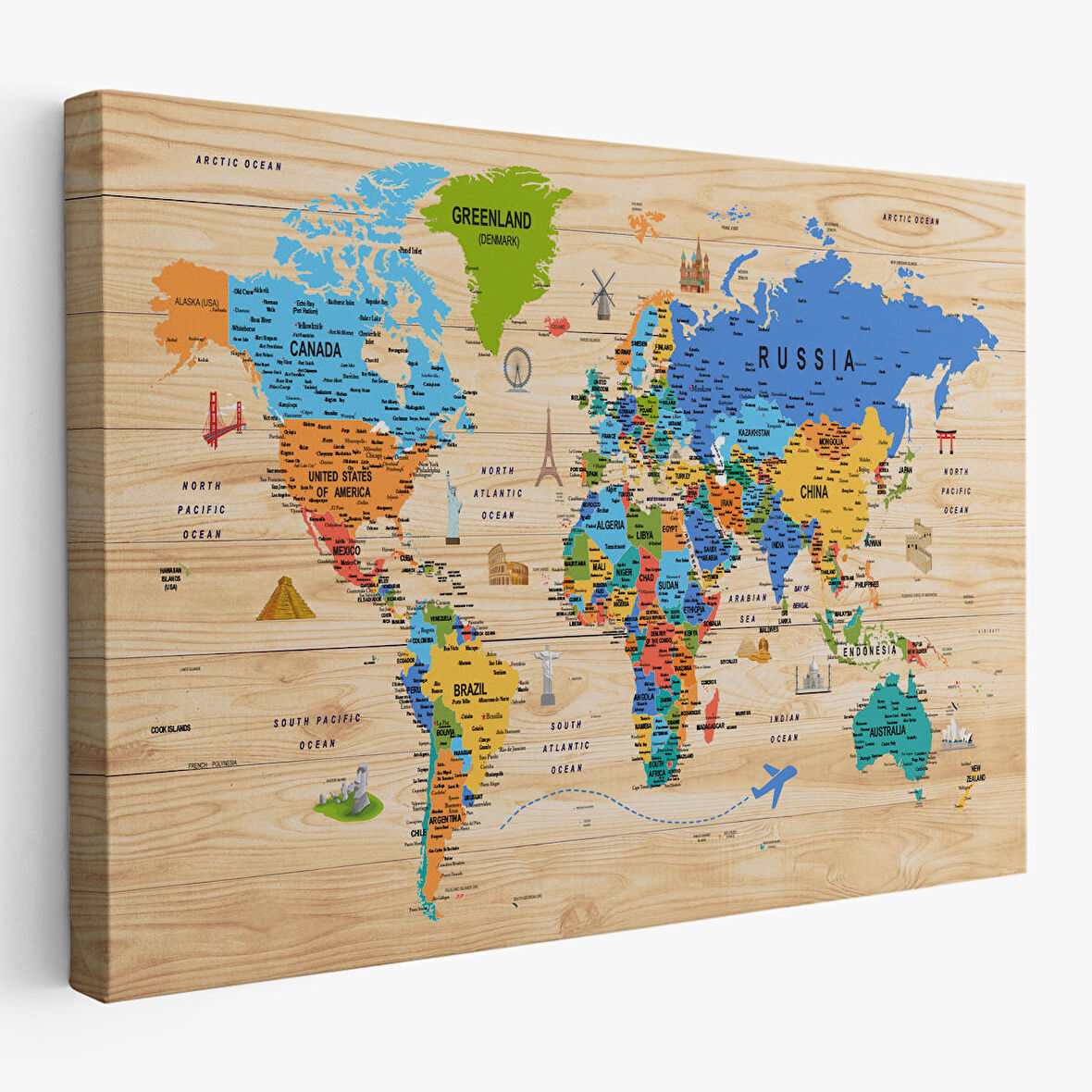 Harita Sepeti Ahşap Görünümlü Dünya Haritası Sembollü Eğitici Dekoratif Kanvas Tablo 2956
