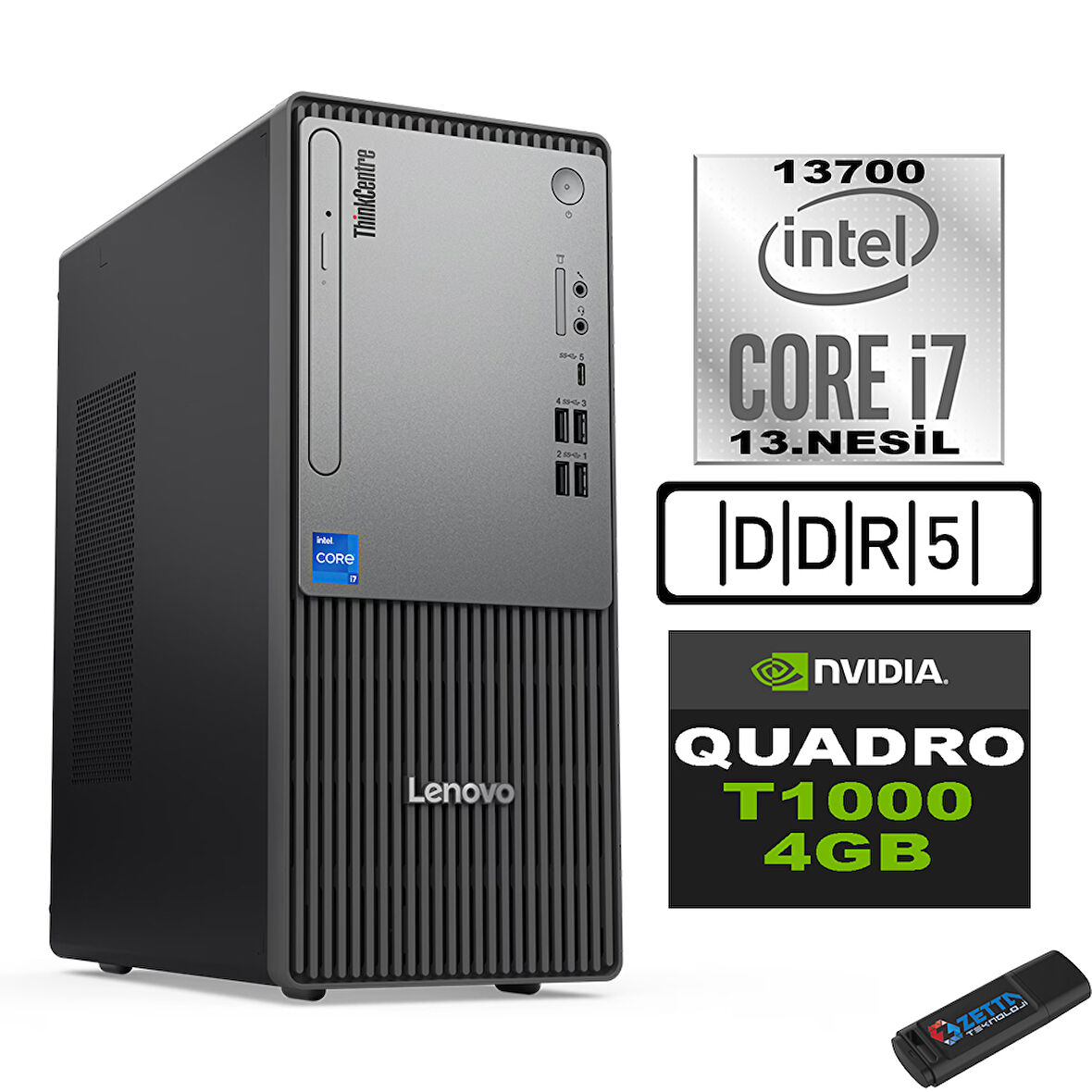 Lenovo Thinkcentre Neo 50T Gen5 Intel Core I7 13700 24GB Ddr5 2tb SSD Windows 11 Home Quadro T1000 100012UB000LTRH09+ZETTA Flash Bellek