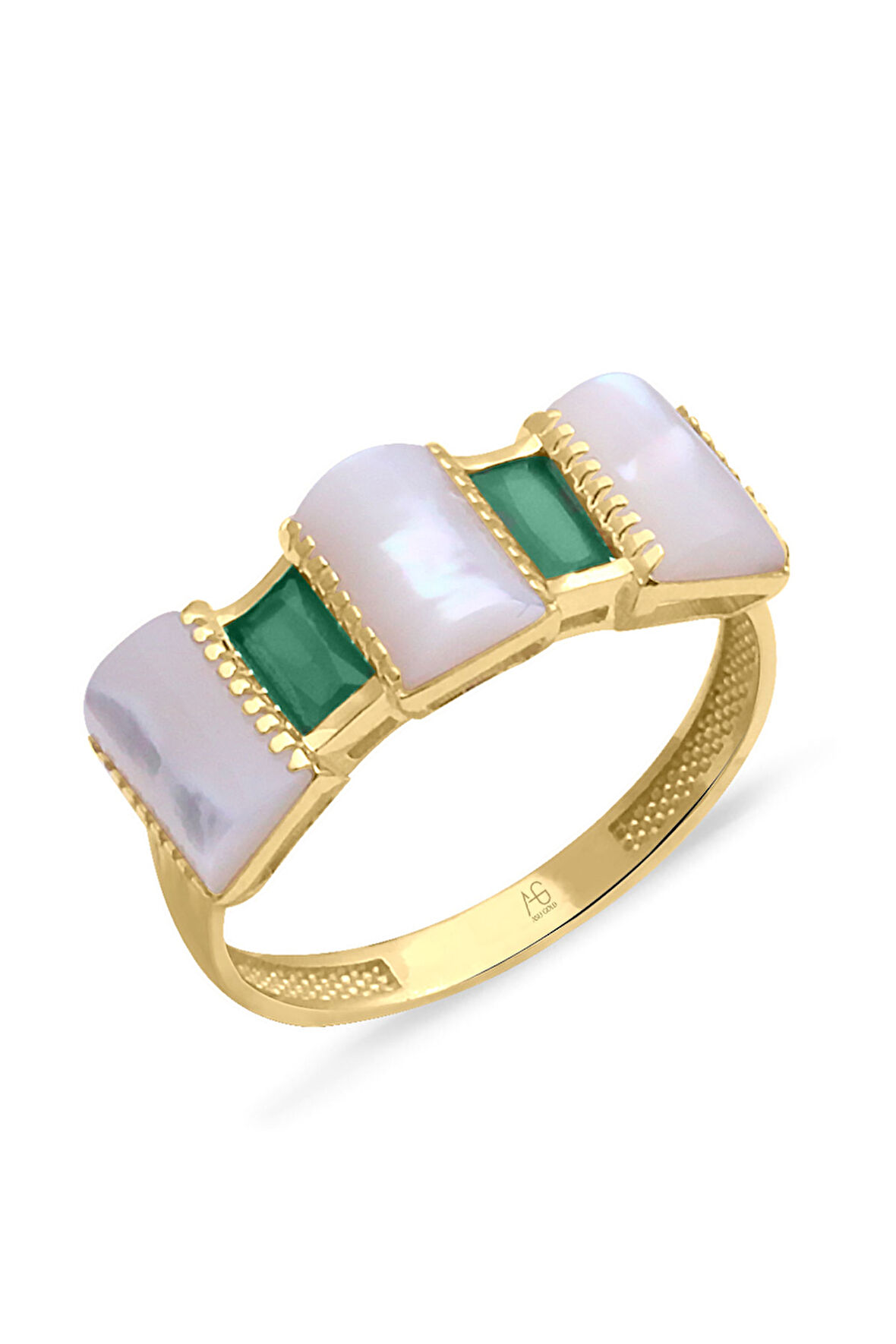 Zümrüt Taş Detaylı Sedef Altın Yüzük