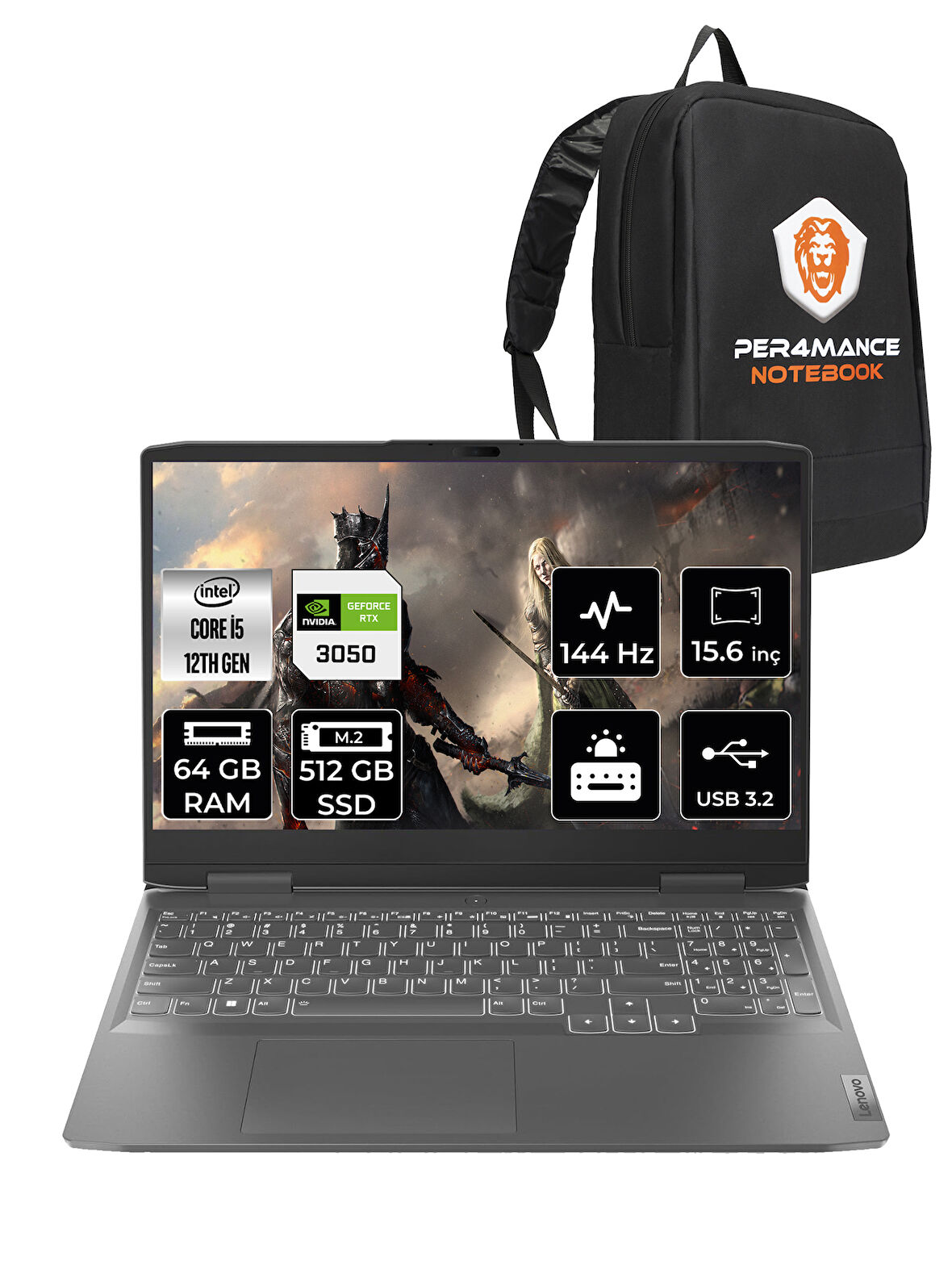 Lenovo LOQ  i5-12450H 64GB 512GB SSD RTX3050/6GB 15.6" FHD 144Hz FDOS 82XV00WYTX & PER4 ÇANTA