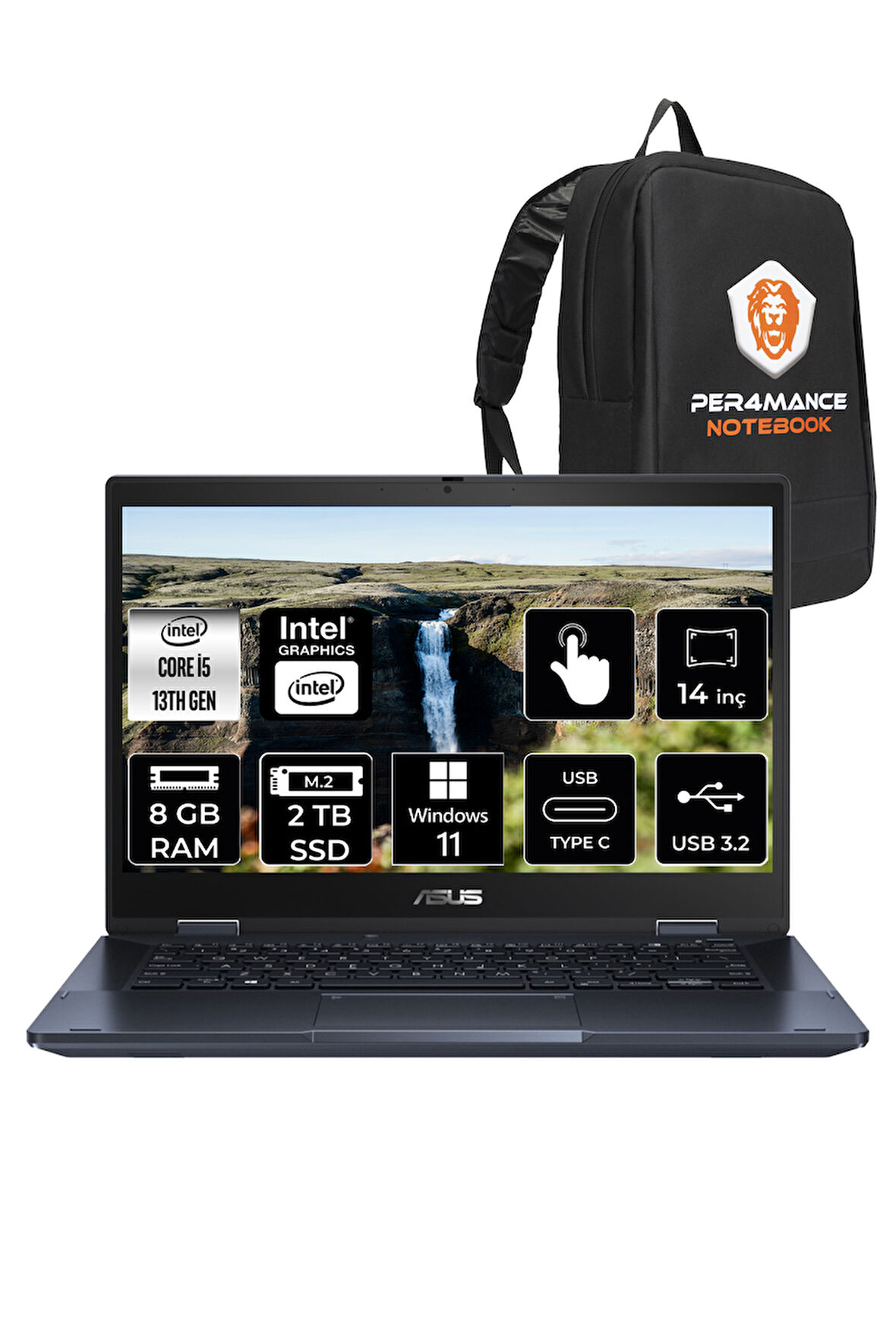 ASUS Expertbook B3 Flip i5 1335U 8GB RAM 2TB SSD 14" FHD W11H Dokunmatik Bilgisayar & PER4 ÇANTA
