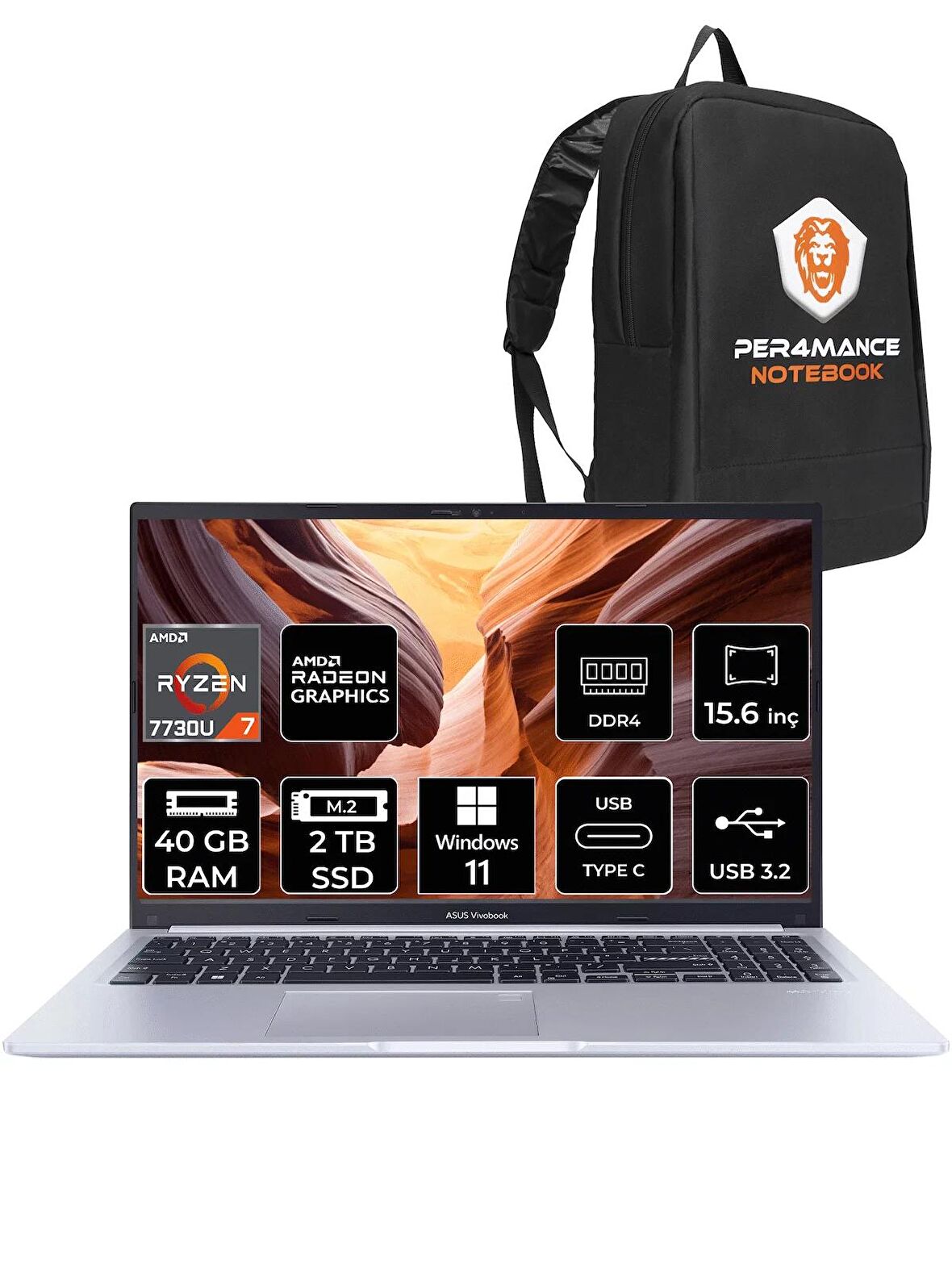 ASUS Vivobook 15 M1502YA RYZEN 7 7730U 40GB RAM 2TB SSD 15.6'' FHD W11HOME NJ119W & PER4 ÇANTA