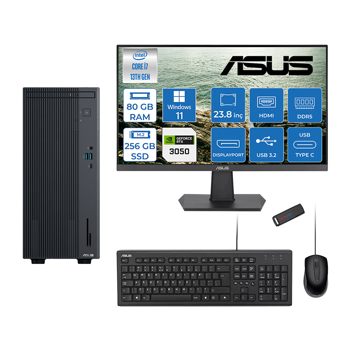 Asus Expertcenter P500MV Intel Core I7-13620H 80GB Ddr5 256GB SSD WIN11PRO 6GB/RTX3050 100HZ IPS 23.8" Mon Minitower Masaüstübilgisayar WL7136216512B0DW26+ZETTAUSBBELLEK