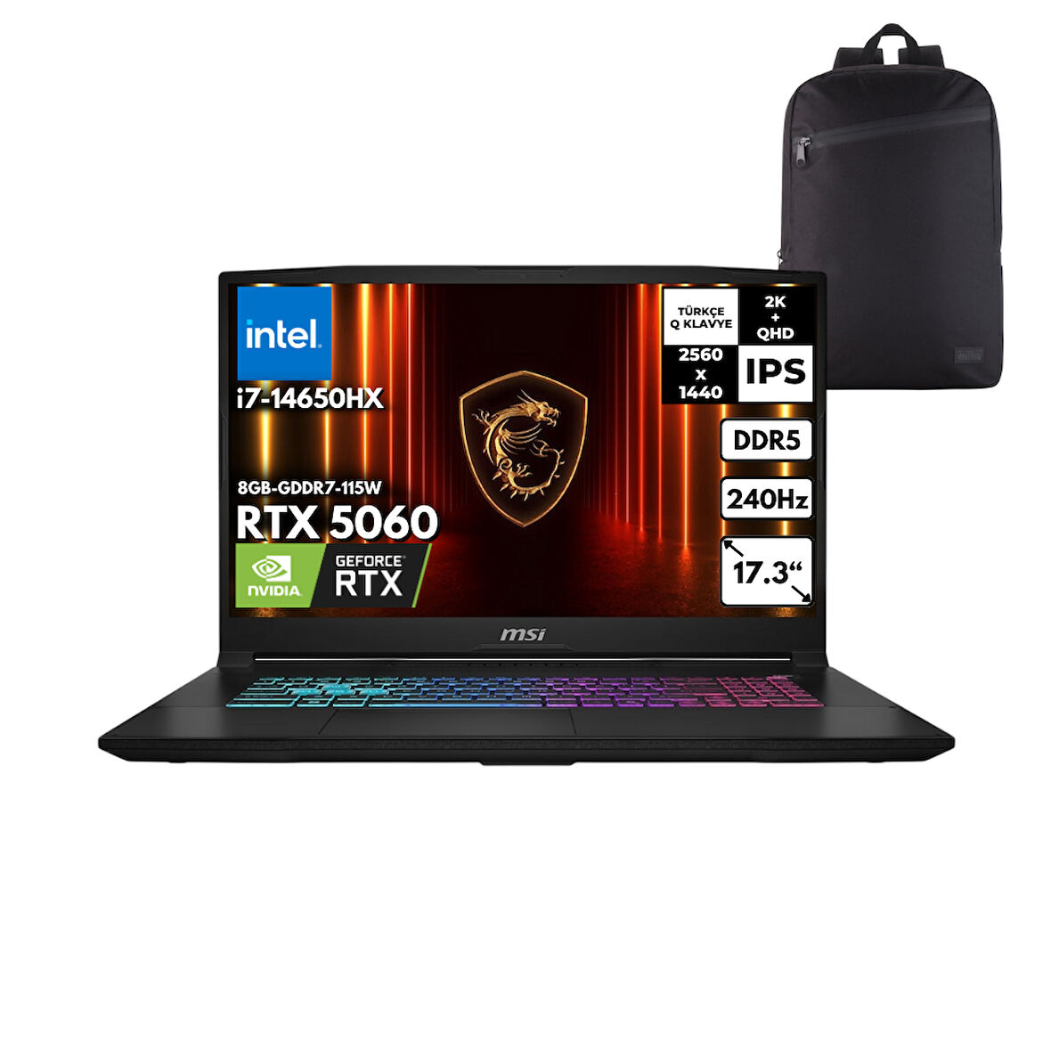 MSI KATANA 17 HX i7-14650HX 64-GBDDR5 2 TBSSD RTX5060 (8GB-GDDR7-115W) 17.3" 2K QHD 240Hz IPS Windows 10 Home + HMF Sırt Çantası B14WFK-257XTRHMF68