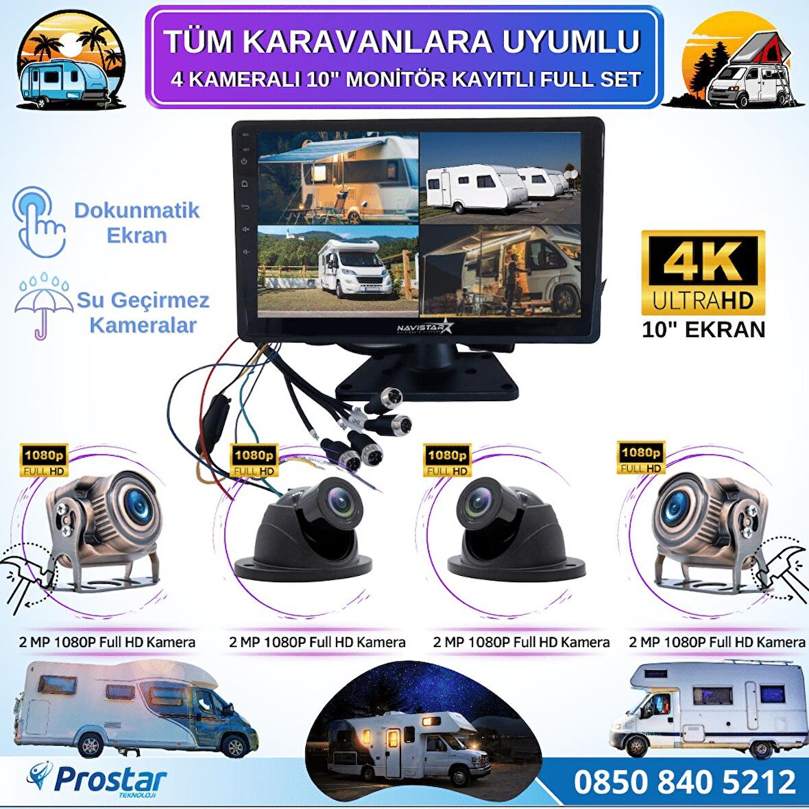 Karavan Kamera Seti 4 Kameralı 10 inç Dokunmatik Ekranlı 256 GB SD Destekli Tak Kullan 