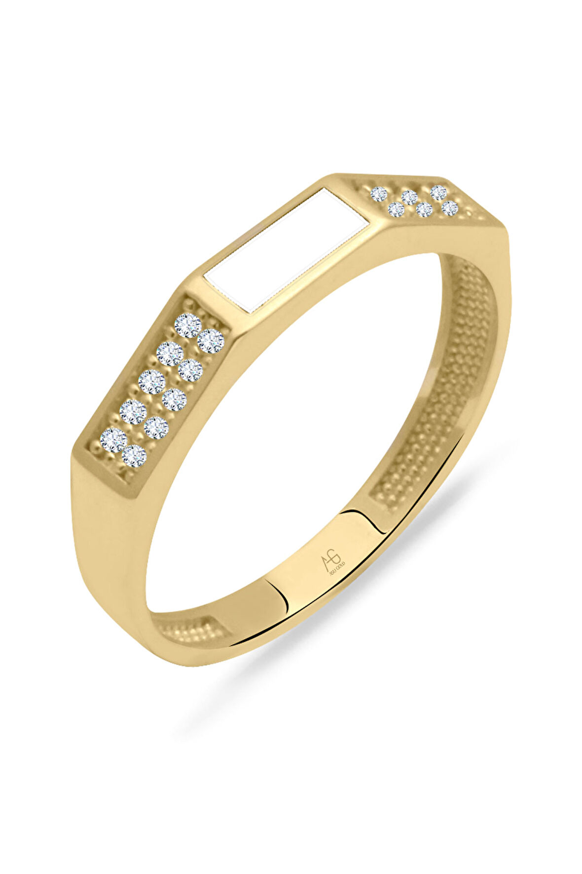 Beyaz Mineli Altın Köşegen Yüzük