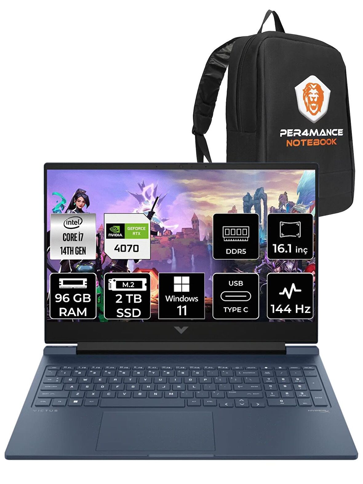 HP VİCTUS 16  i7-14700HX 96GB RAM 2TB SSD RTX4070/8GB 144Hz 16.1 FHD W11PRO 9J221EA & PER4 ÇANTA