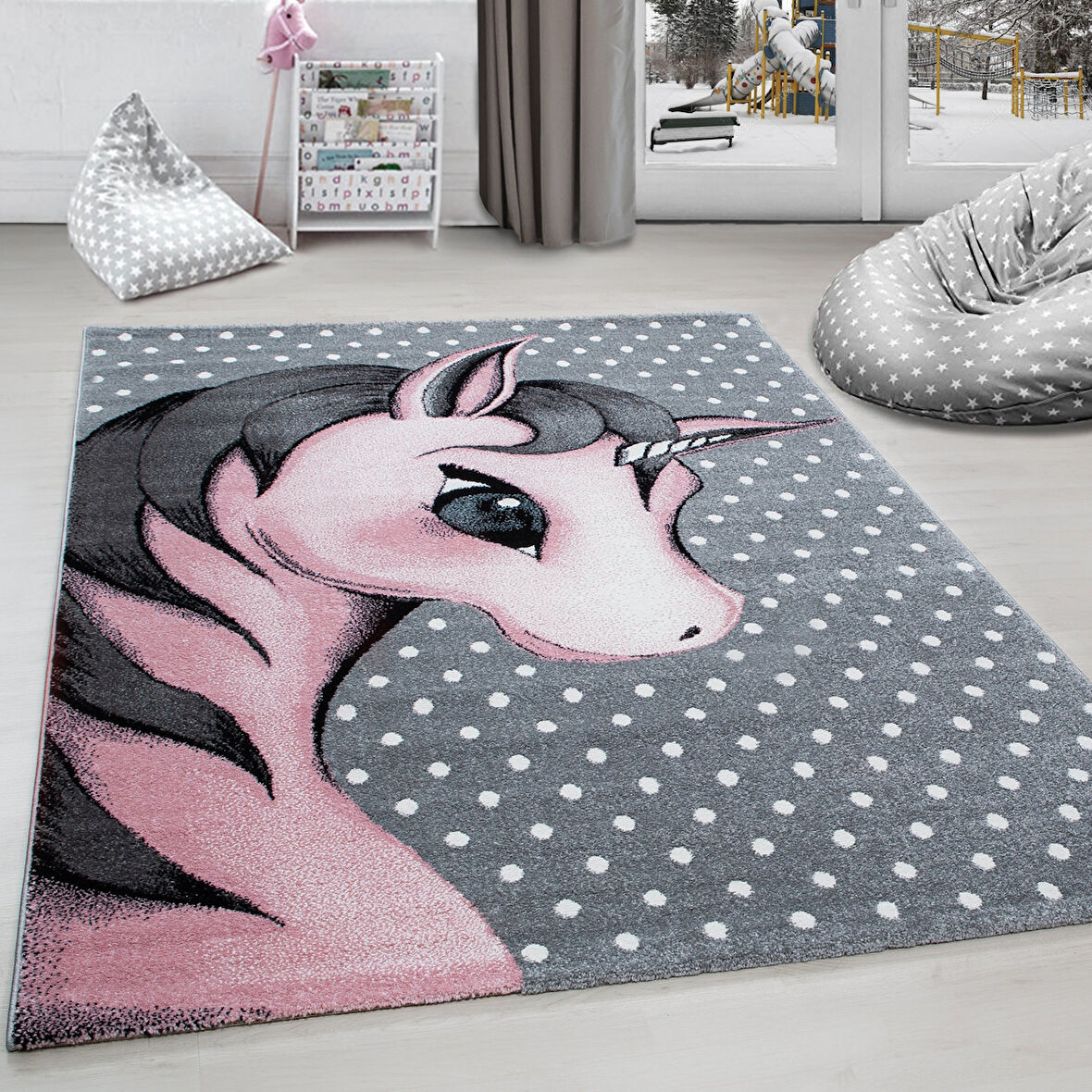 Soft Yumuşak Çocuk Odası Halısı Sevimli Unicorn Peri Atı desenli Gri Beyaz Pembe