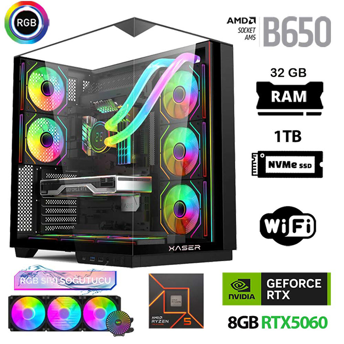 Xaser Queen X3 Ryzen 5 7500F 32GB Ram 1TB M.2 NVMe SSD 8GB RTX5060 Sıvı Soğutmalı Oyuncu Bilgisayarı