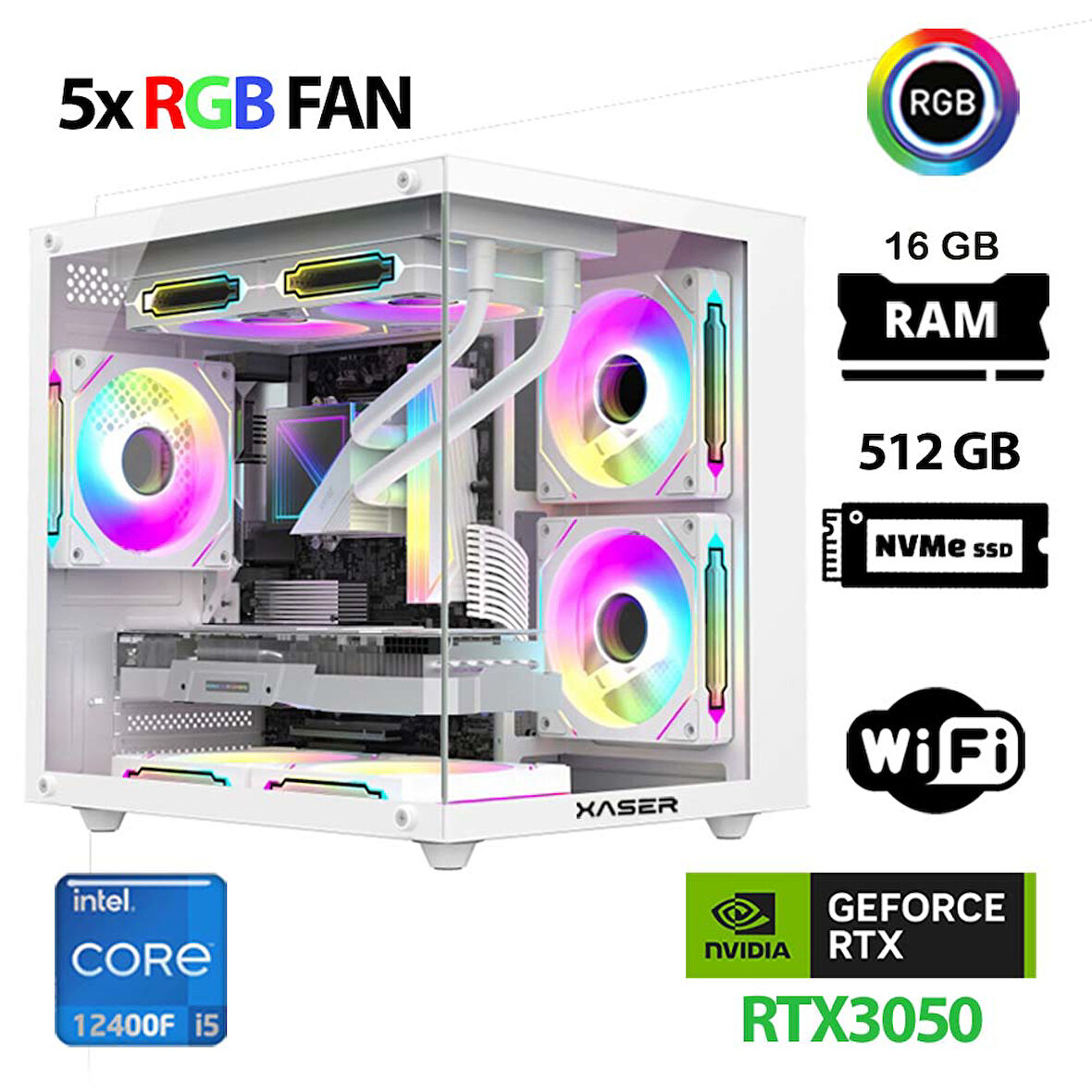 Xaser Cube X180 i5 12400F 16GB Ram 512GB M.2 NVMe SSD 6GB RTX3050 Beyaz Masaüstü Oyuncu Bilgisayarı