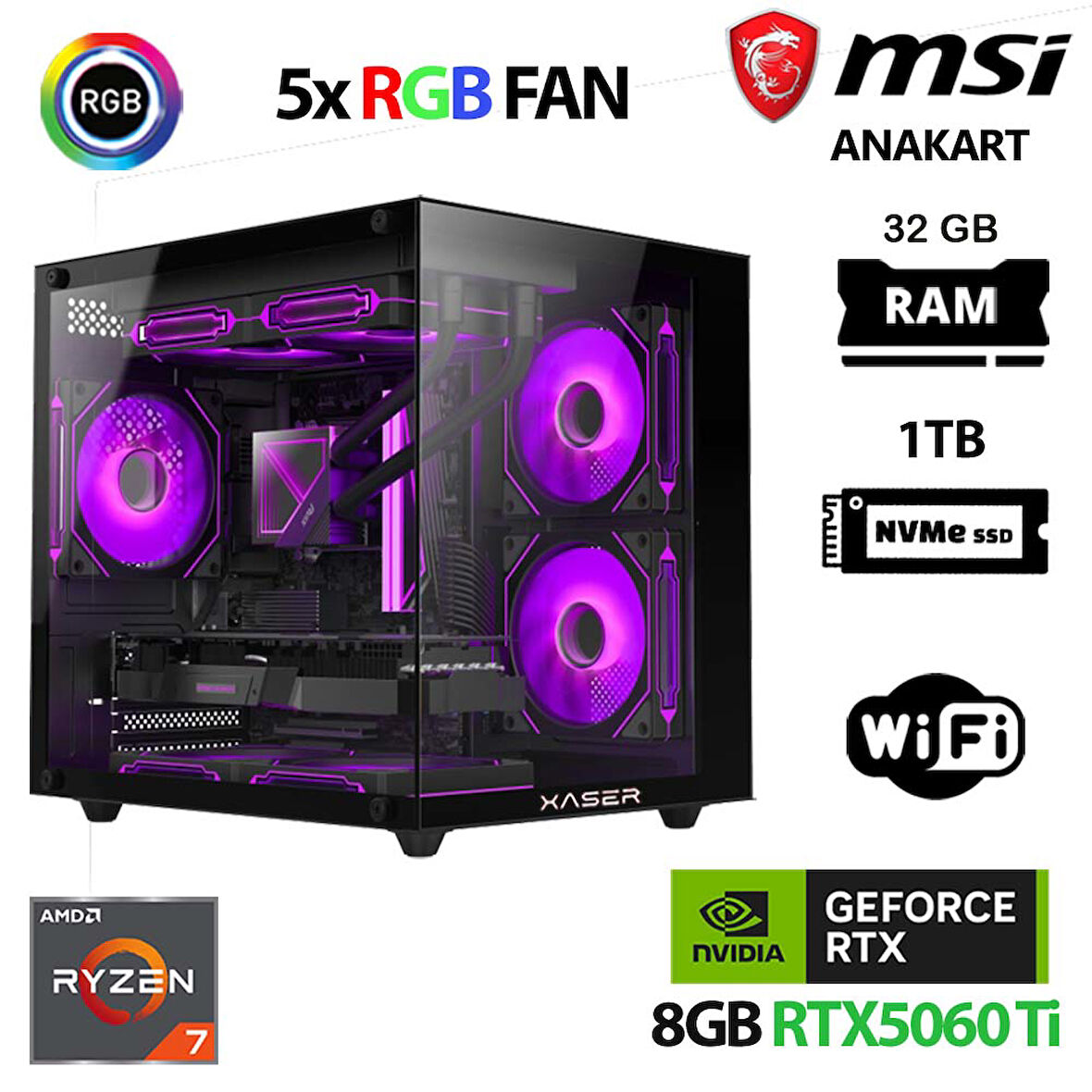 Xaser Cube X70 Ryzen 7 5700x 32GB Ram 1TB M.2 NVMe SSD 8GB RTX5060 Ti Masaüstü Oyuncu Bilgisayarı