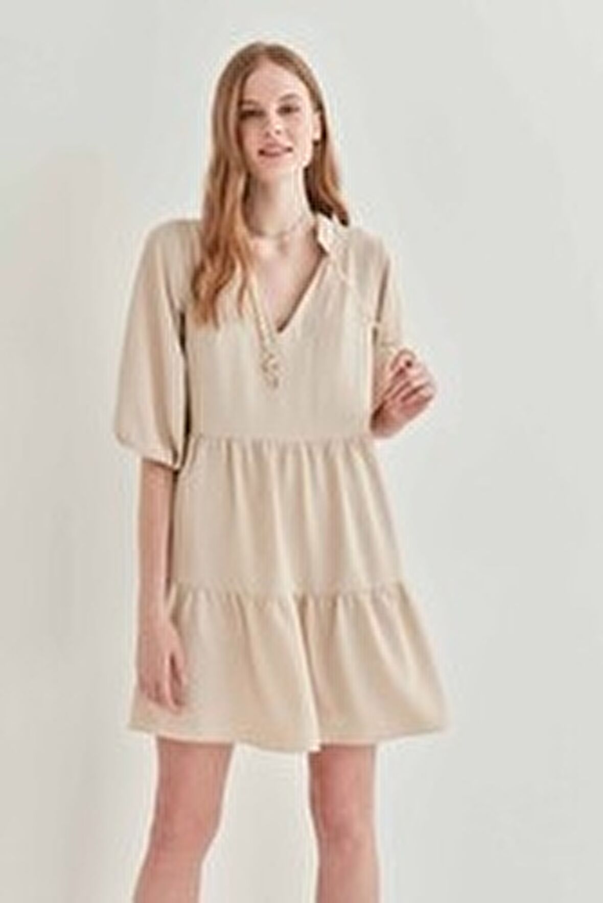 V Yaka Balon Kol Geniş Kesim Elbise