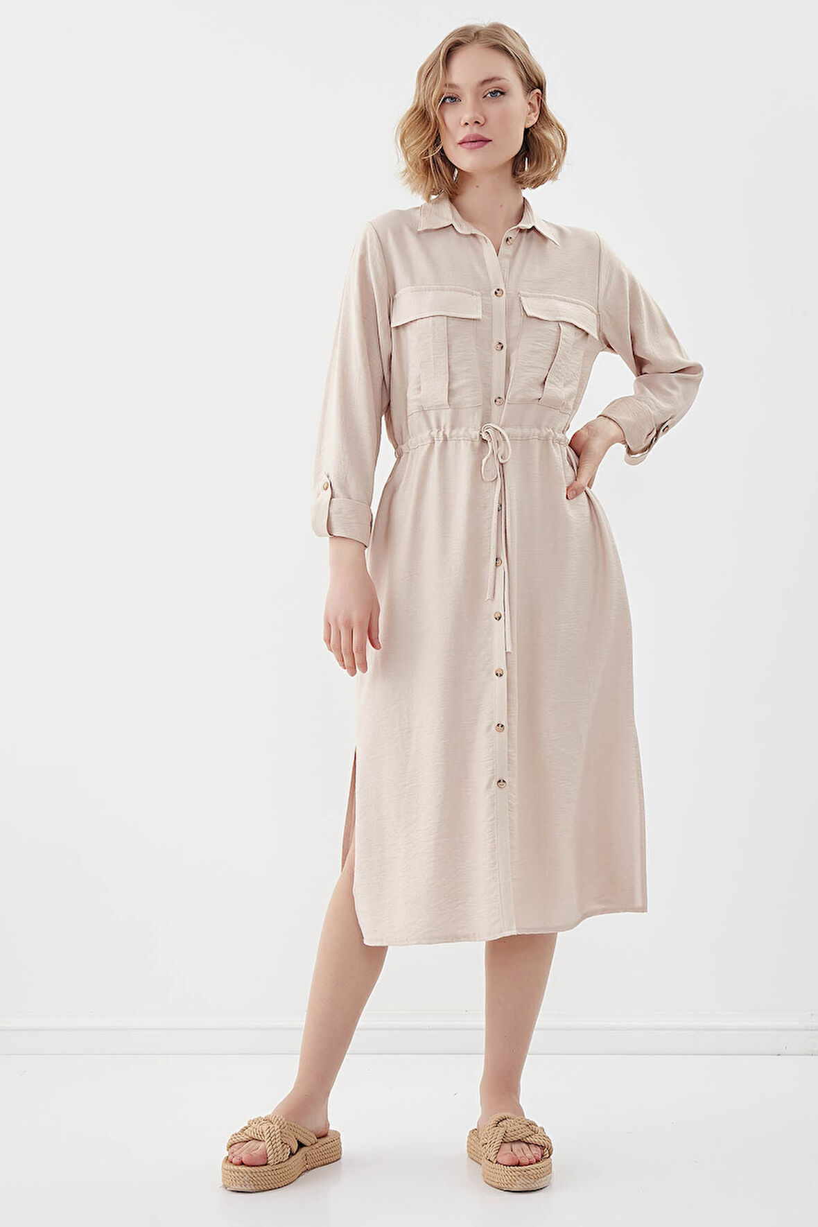 Beli Bağlamalı Çift Cep Gömlek Elbise