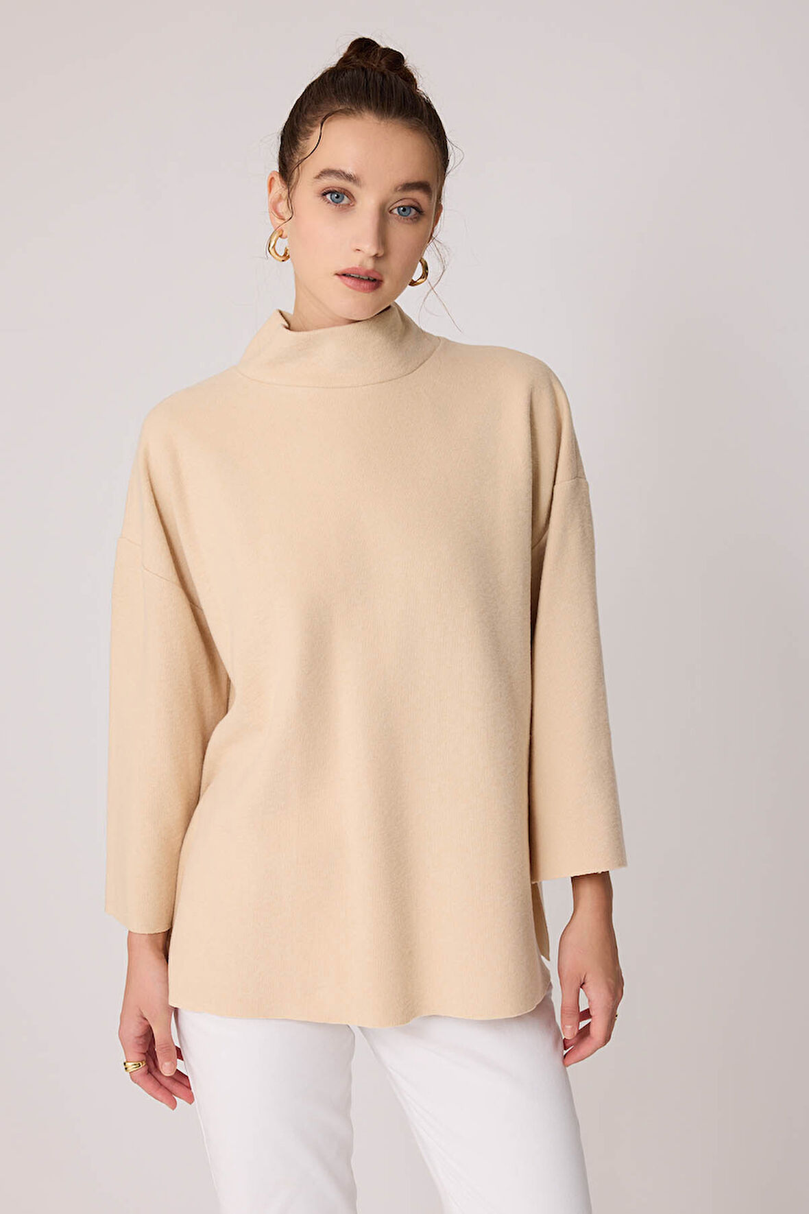 Düşük Kol Yakalı Yanlar Yırtmaçlı Örme Oversize Bluz