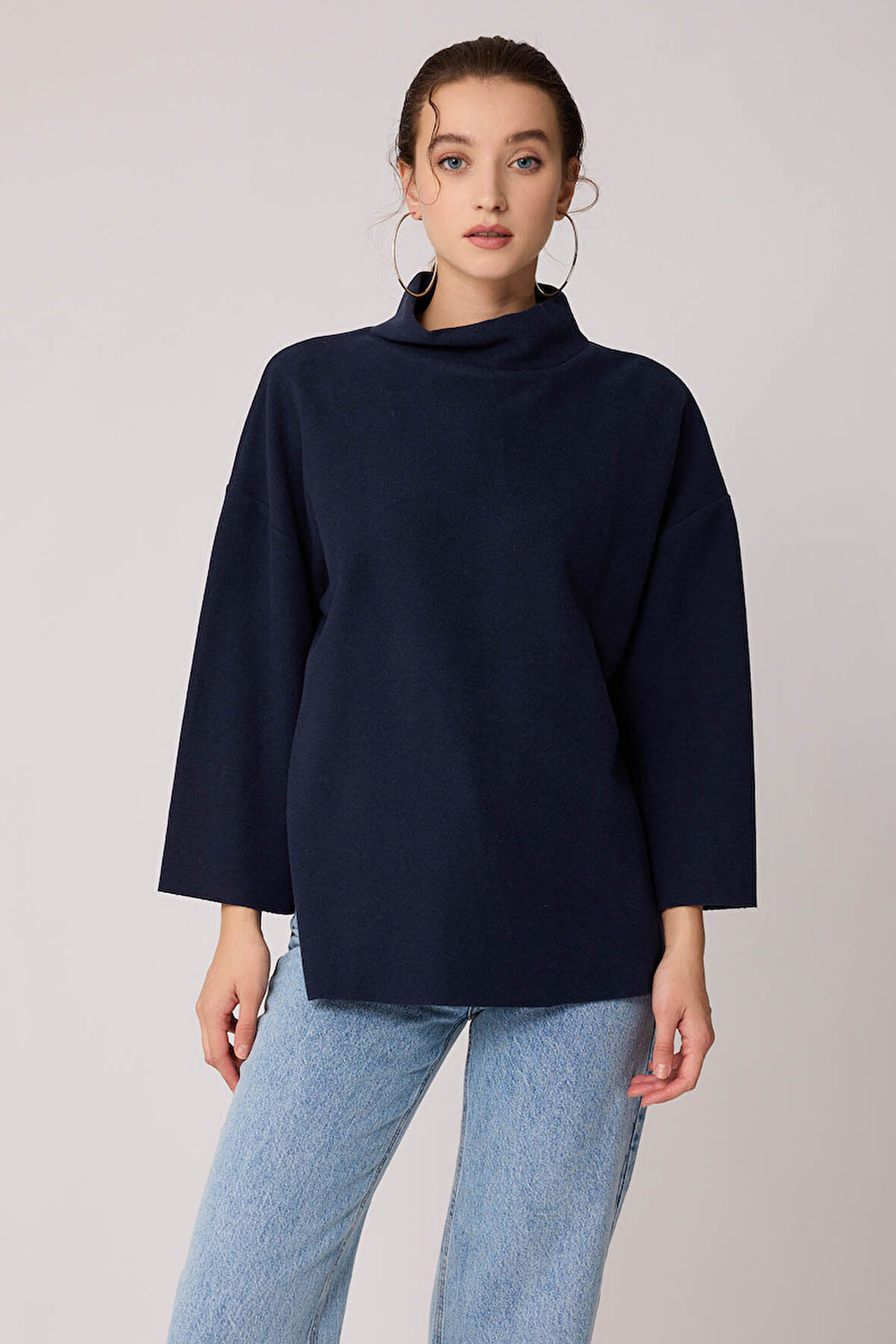 Düşük Kol Yakalı Yanlar Yırtmaçlı Örme Oversize Bluz