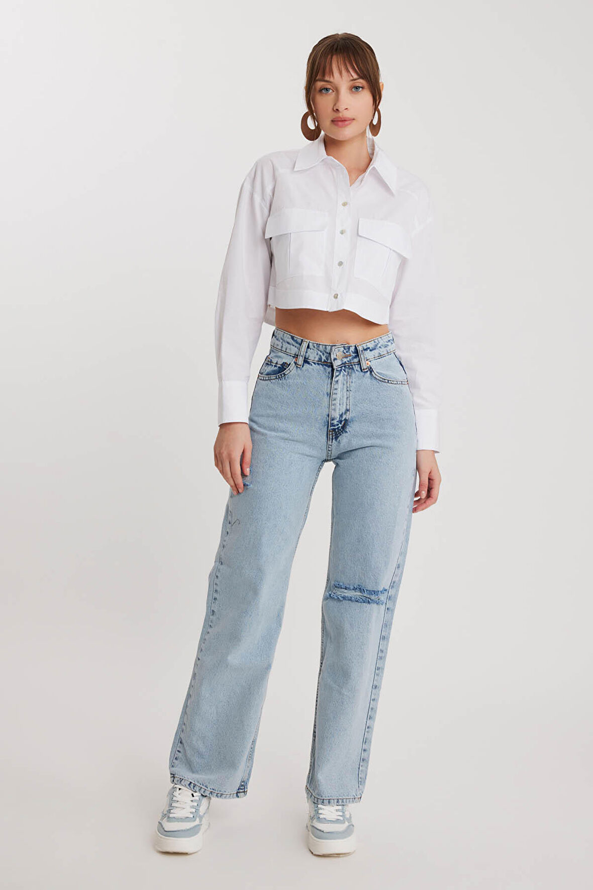 Yırtıklı Wide Leg 90s Jean Mavi