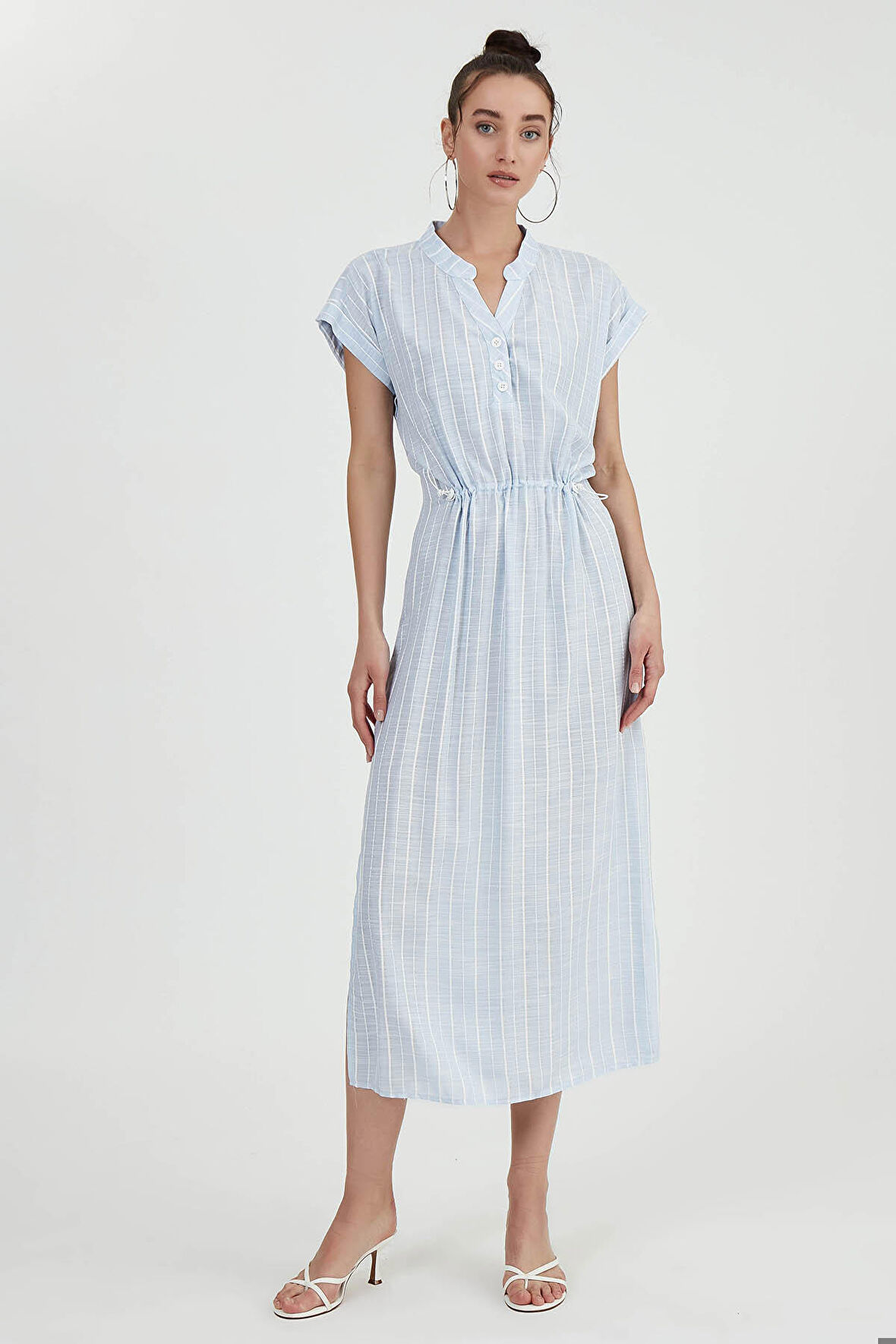 Beli Lastikli Çizgili Uzun Elbise