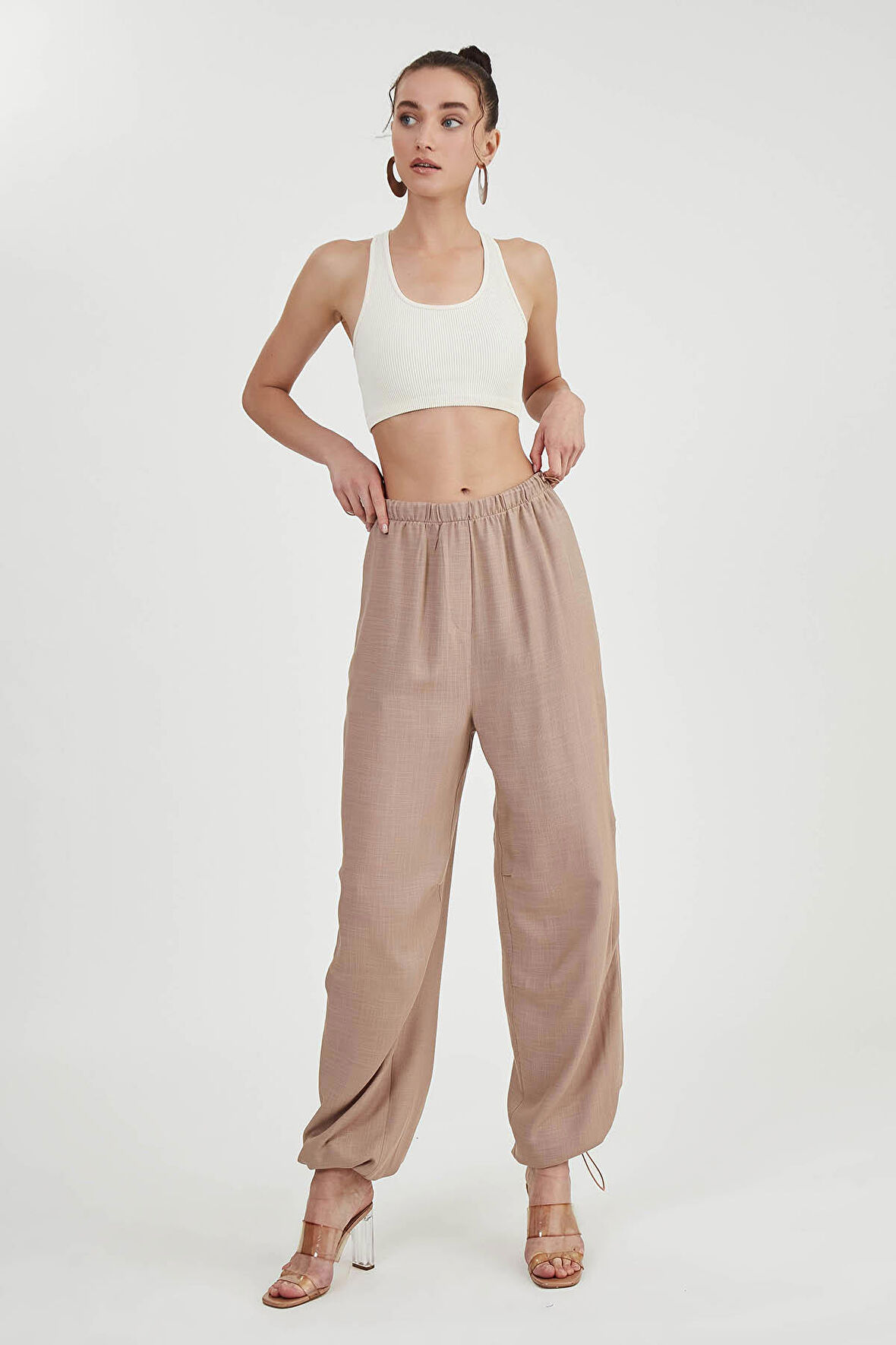 Beli Ve Paçası Lastikli Viskon Keten Pantolon