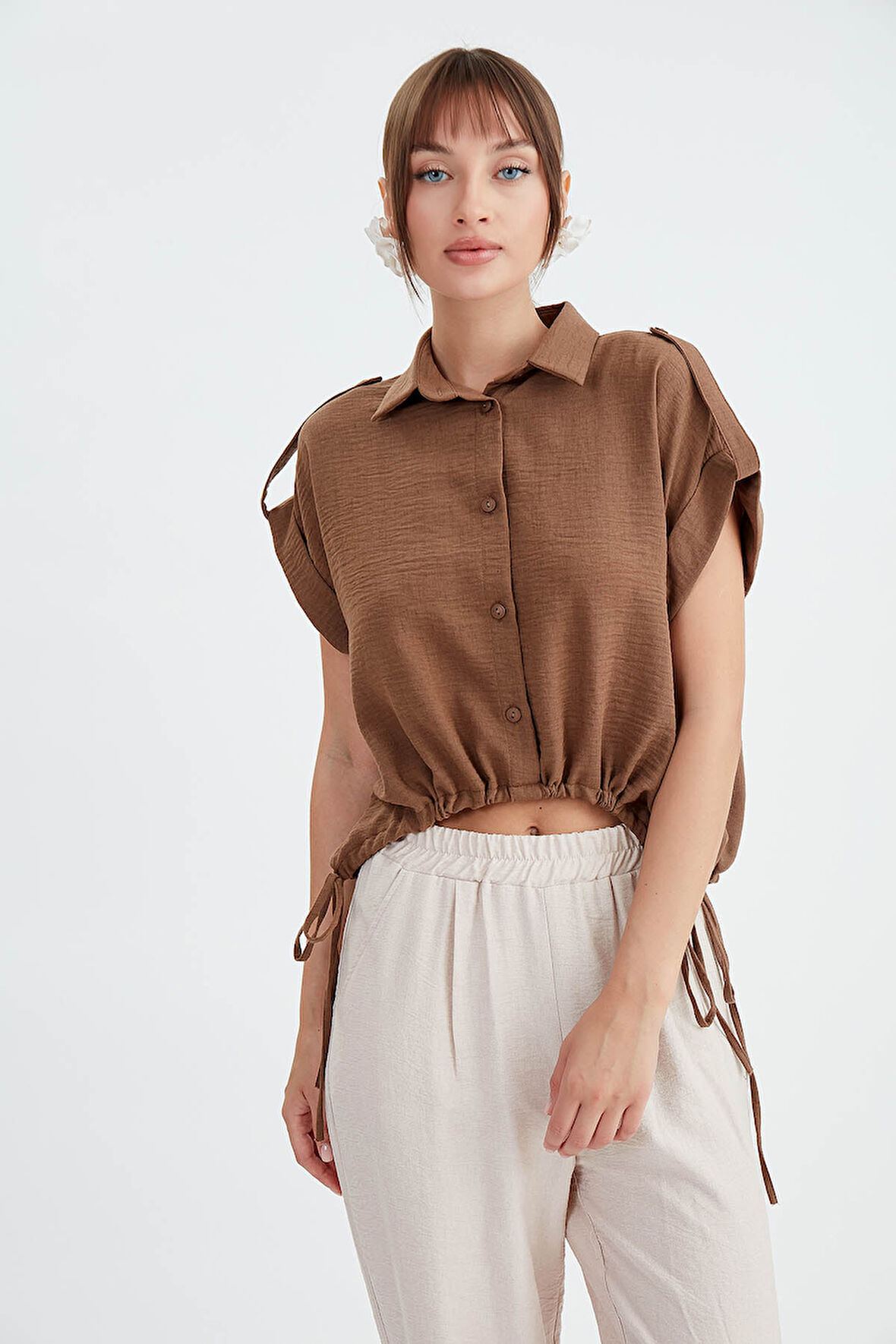 Beli Büzgülü Viskon Keten Gömlek