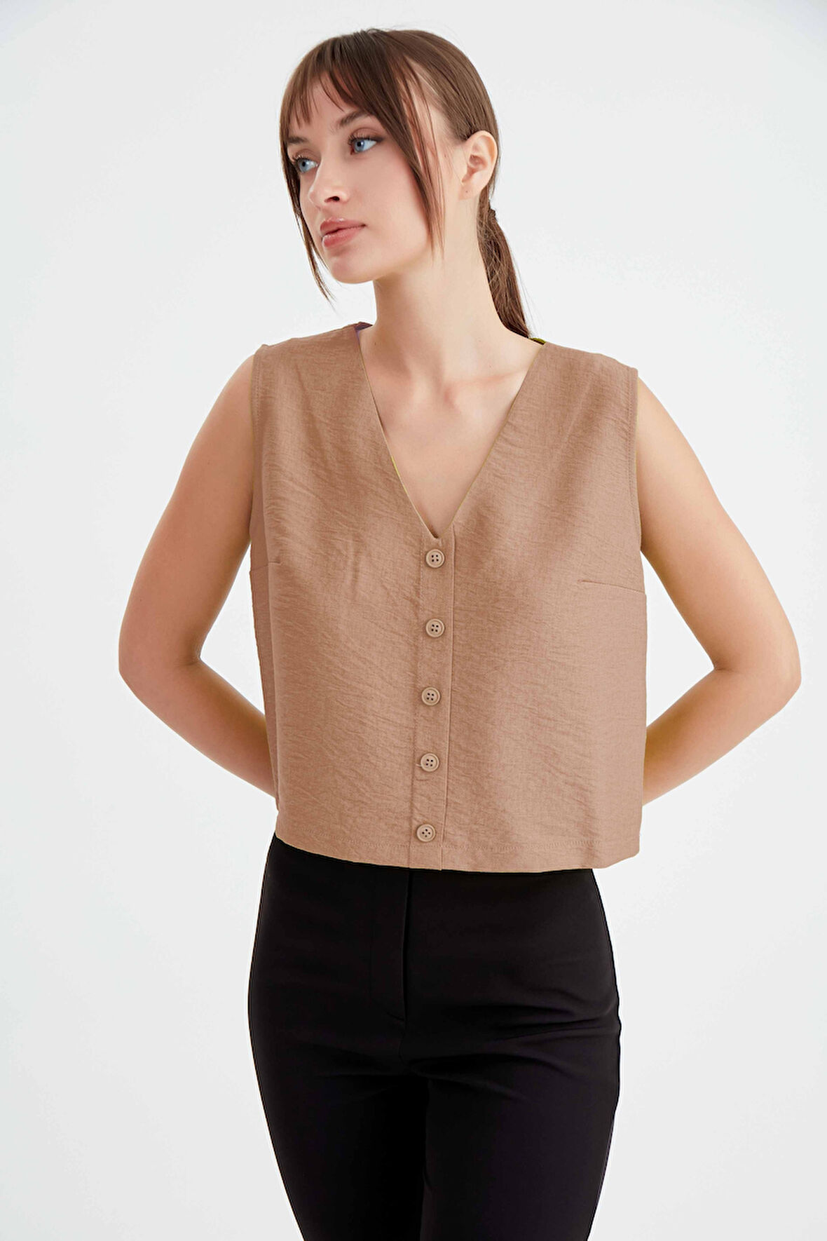 Düğmeli Crop Yelek