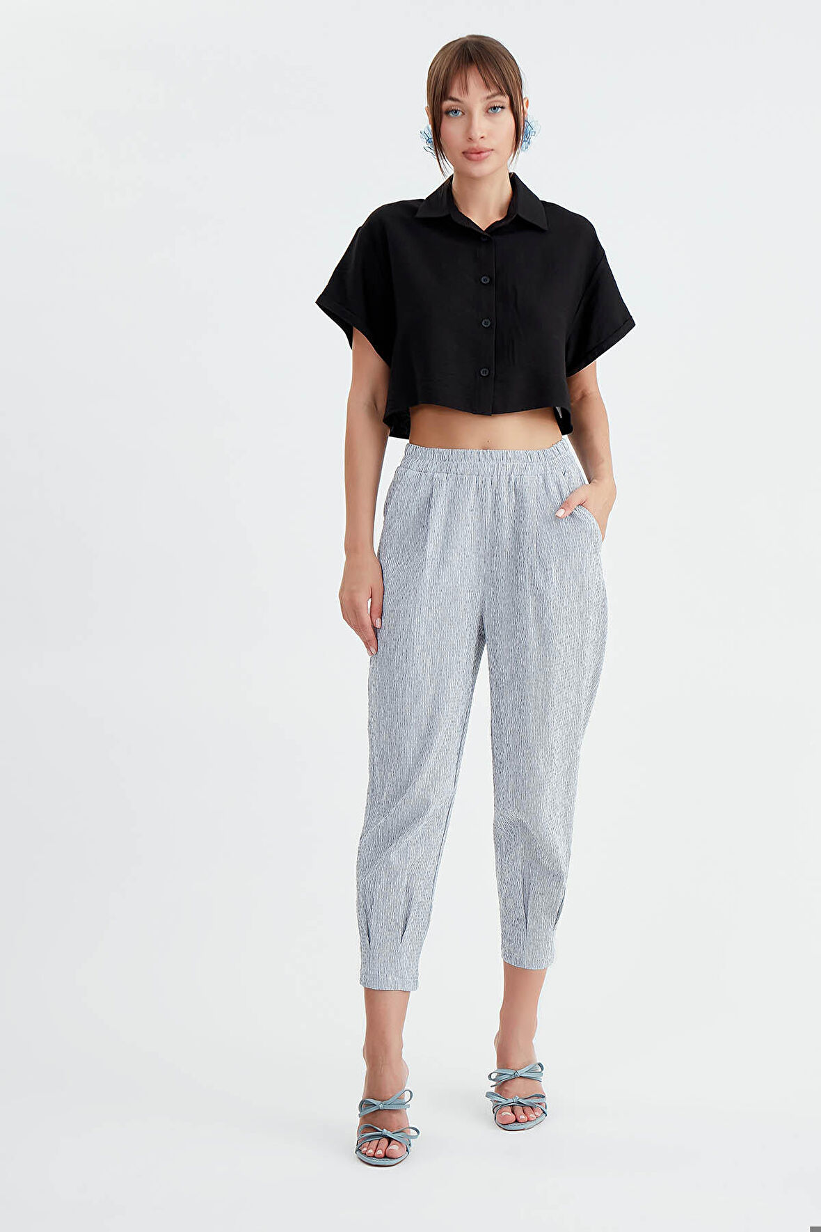 İnce Çizgili Pileli Havuç Pantolon