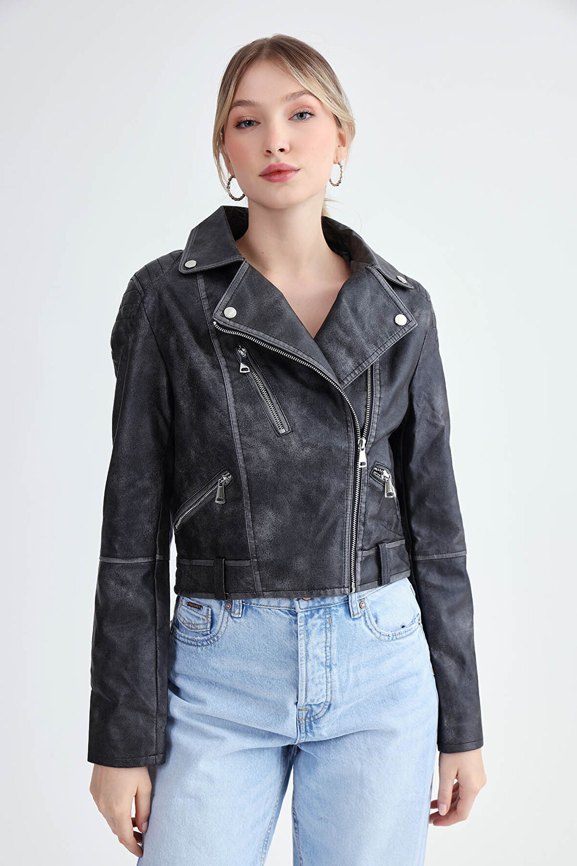 Fermuarlı Suni Deri Crop Biker Ceket