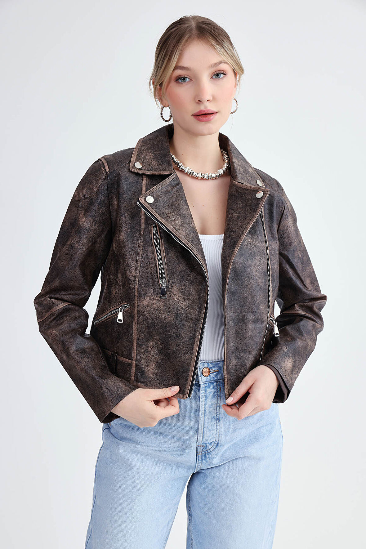 Fermuarlı Suni Deri Crop Biker Ceket