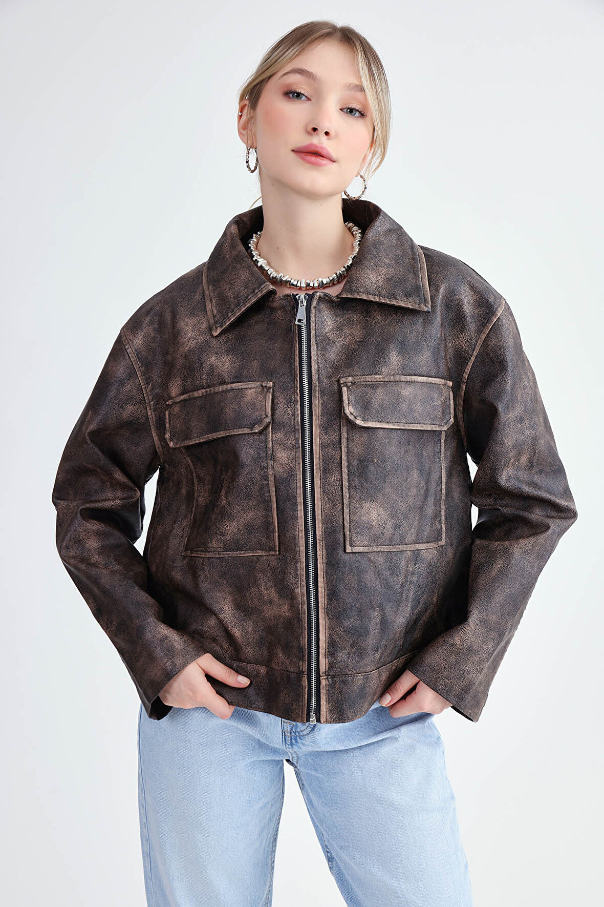 Kapak Cepli Suni Deri Biker Ceket