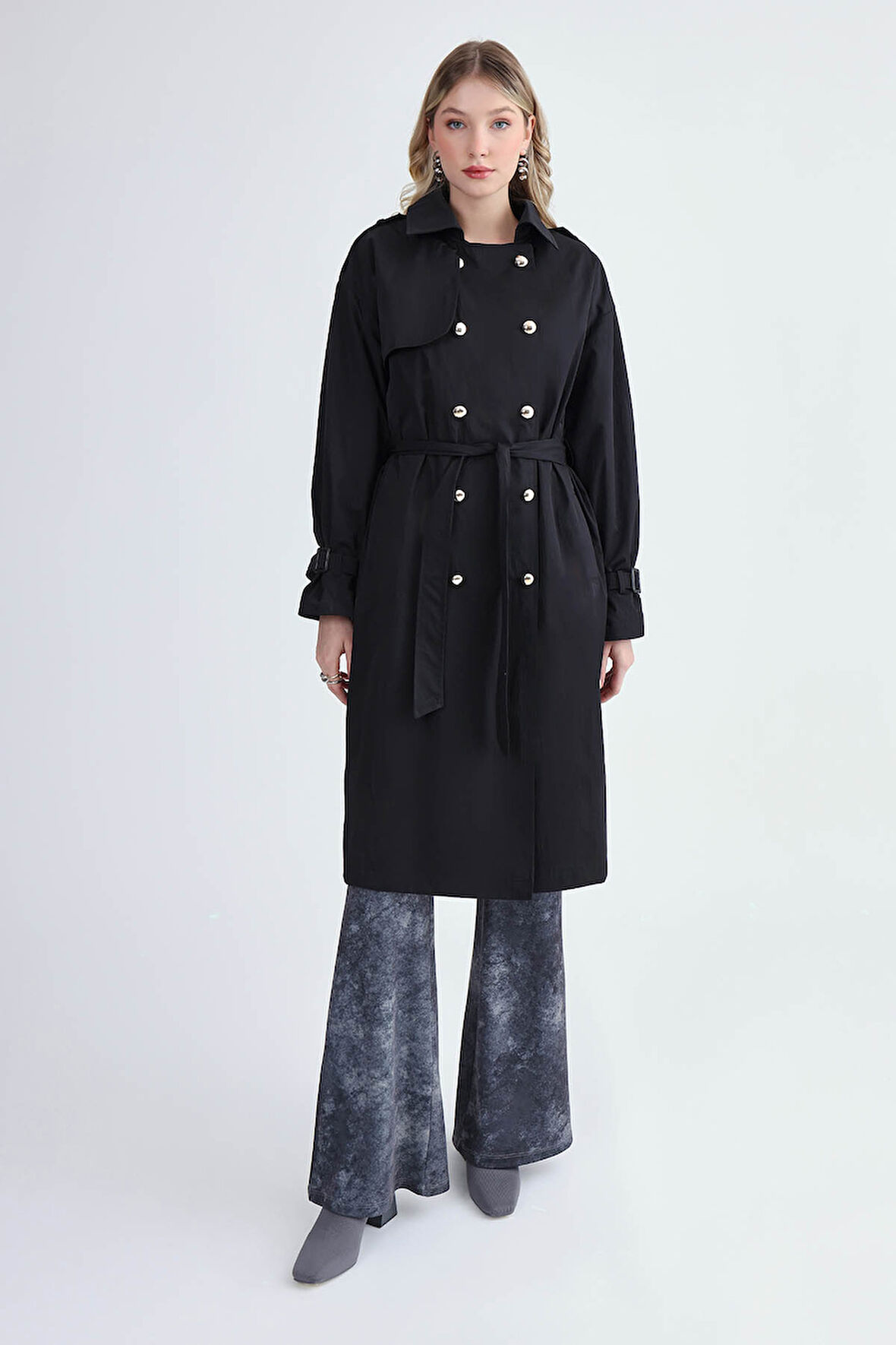 Metal Düğmeli Kemerli Trençkot