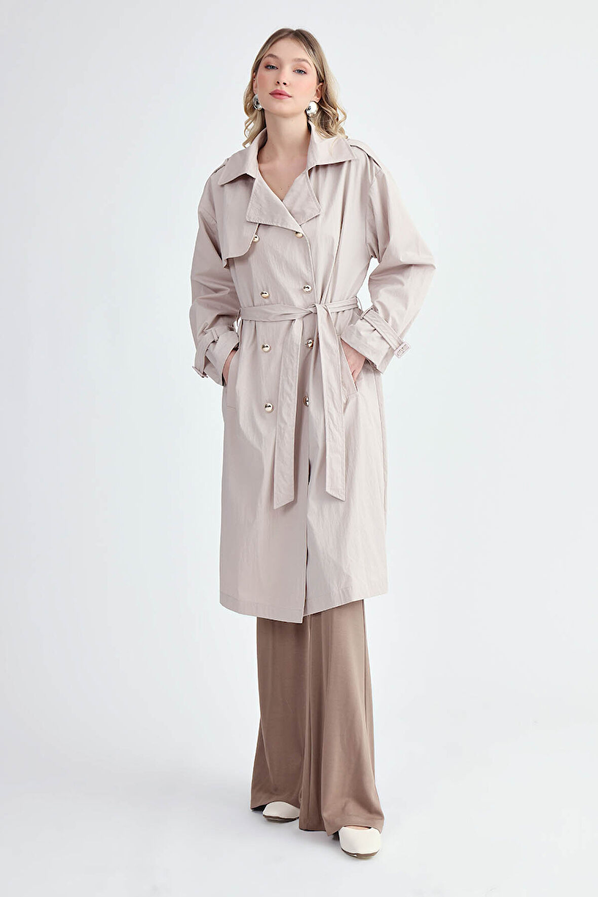 Metal Düğmeli Kemerli Trençkot