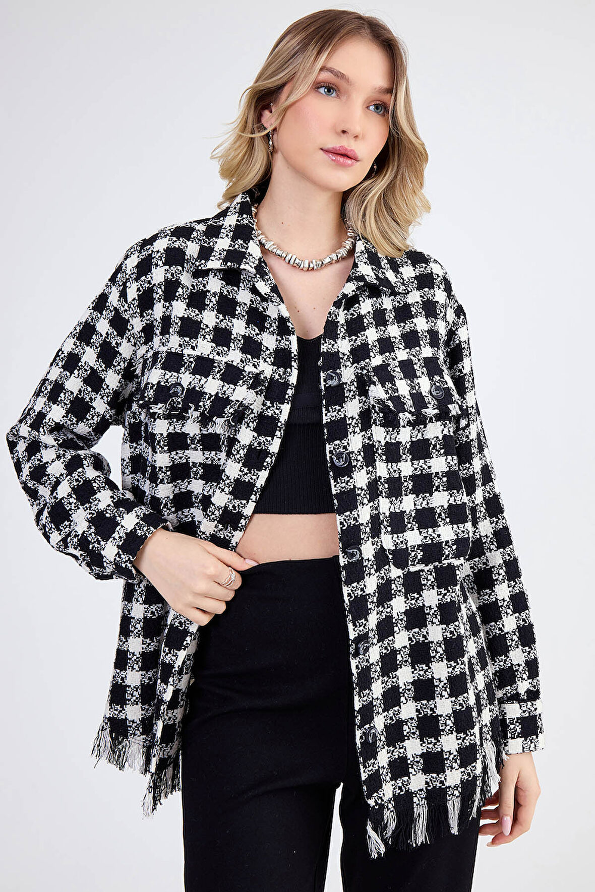 Desenli Püskül Detaylı Oduncu Gömlek