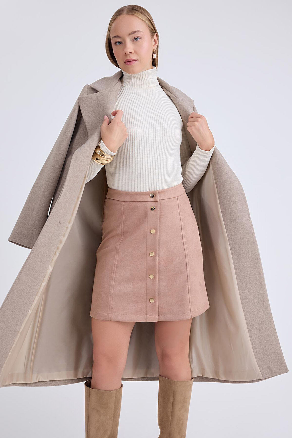 Ceket Yaka Kuşaklı Kaşe Kaban